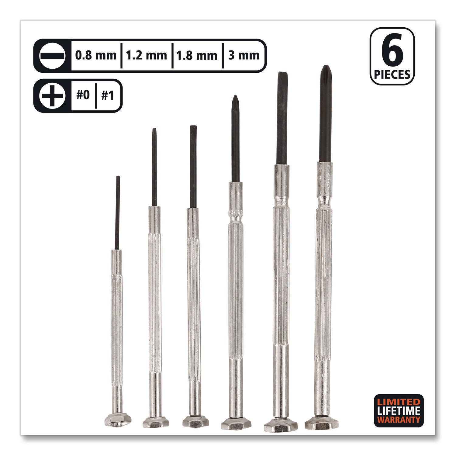 Precision Screwdriver Set, Six-Piece, Phillips/Slotted, Assorted Lengths, Polished Steel Handles