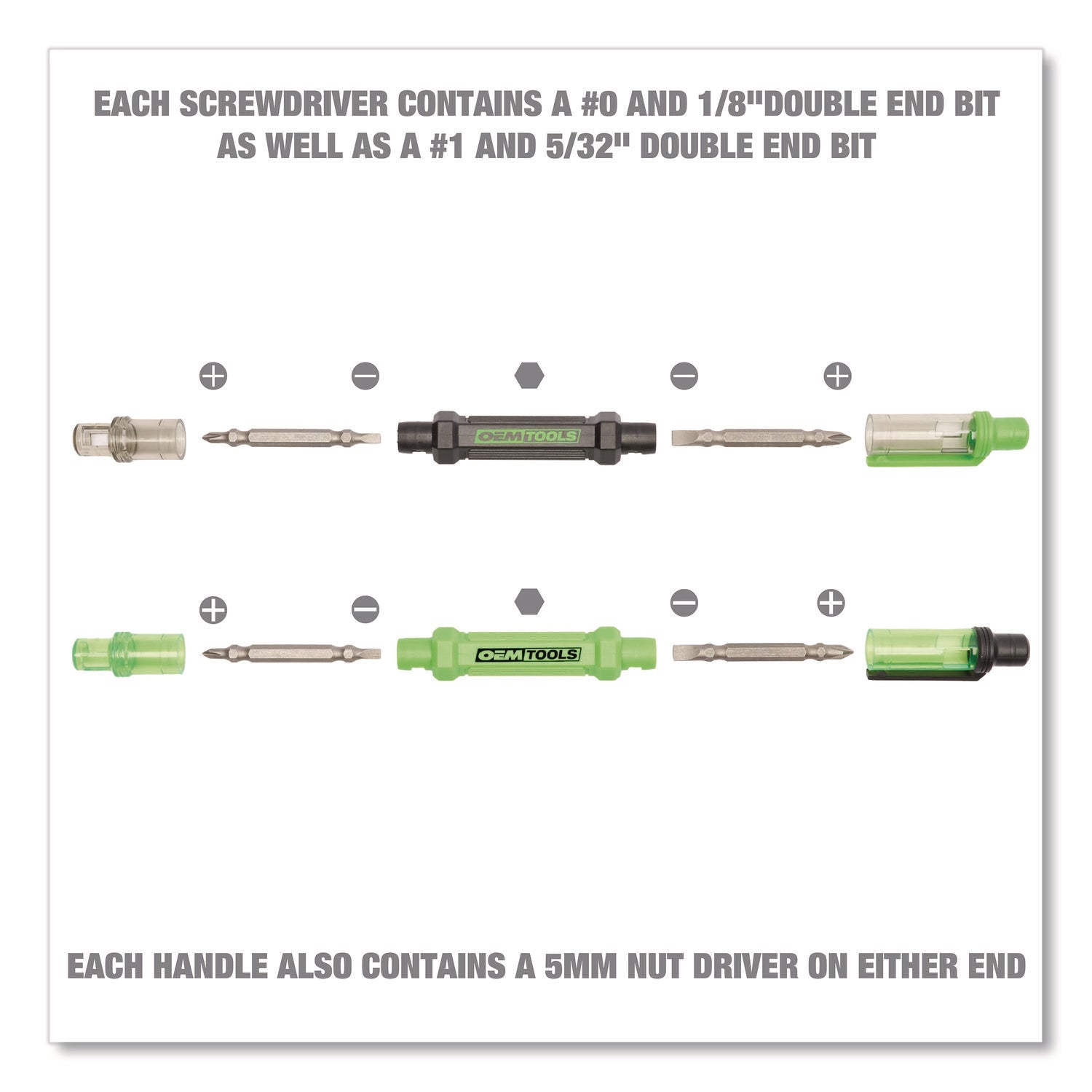 6-Way Pen-Style Screw/Nut Driver, Phillips/Slotted Bits, Metric Sockets, 5.38" Long, Black/Green, Green/Clear, 4/Pack