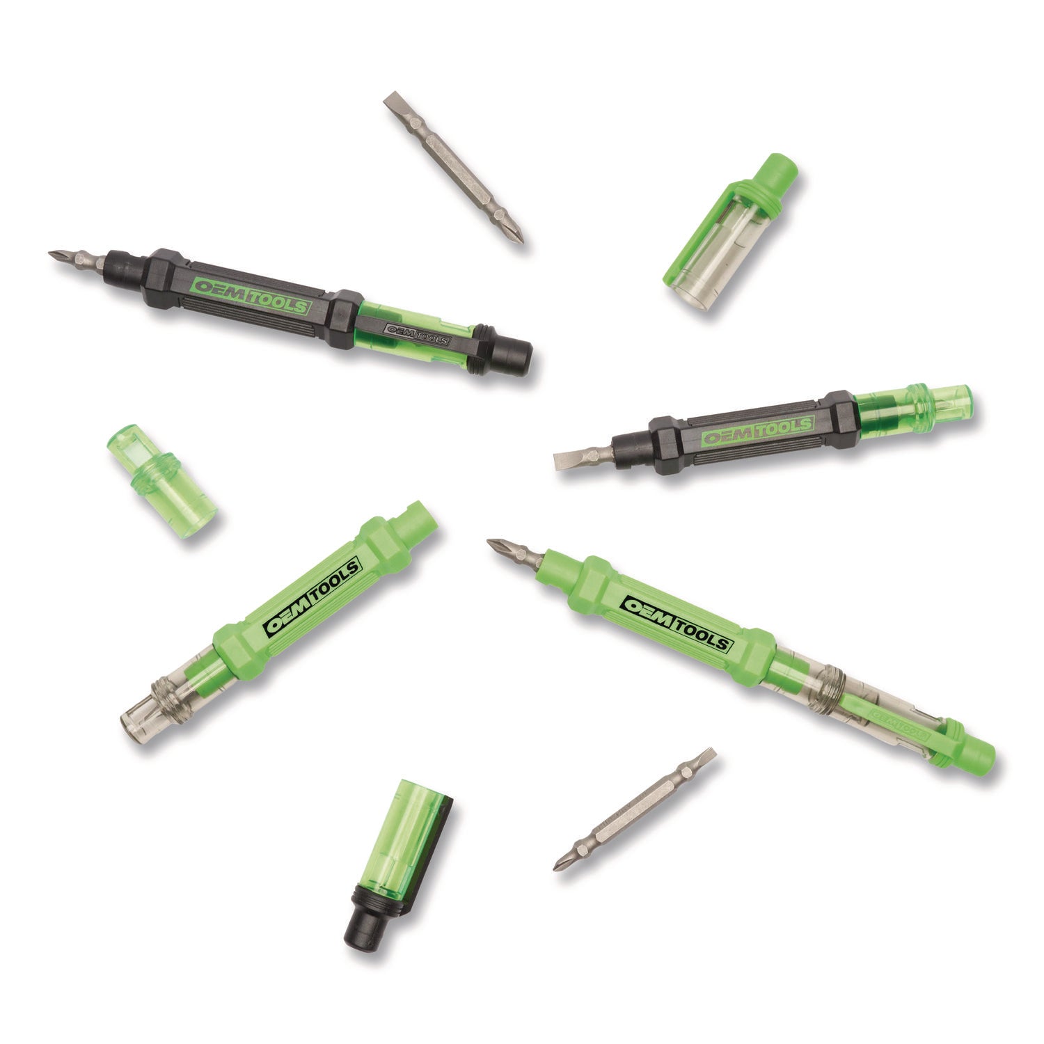 6-Way Pen-Style Screw/Nut Driver, Phillips/Slotted Bits, Metric Sockets, 5.38" Long, Black/Green, Green/Clear, 4/Pack