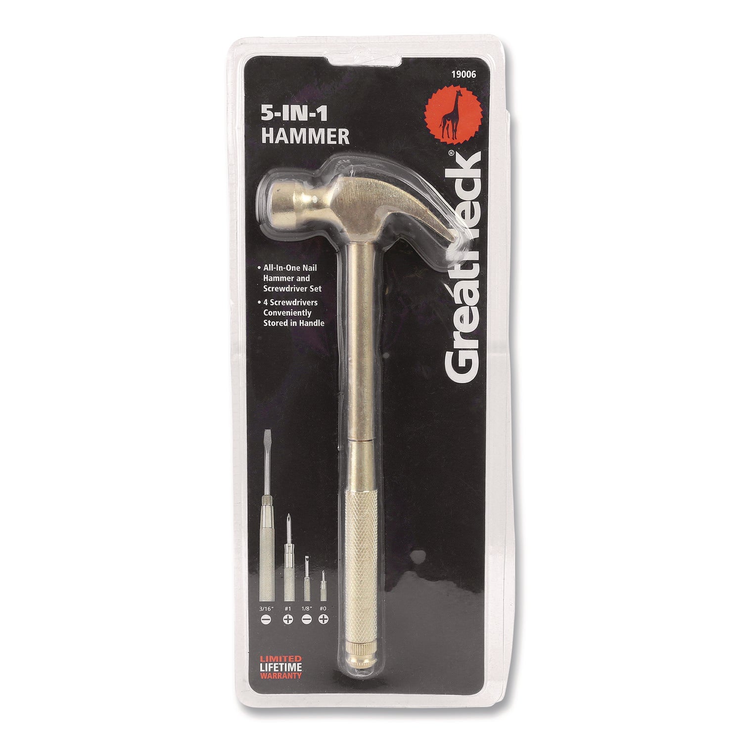 5-in-1 Carpenter's Hammer with Nesting Handle Containing Four Screwdrivers, 6.5" Long Gold Handle
