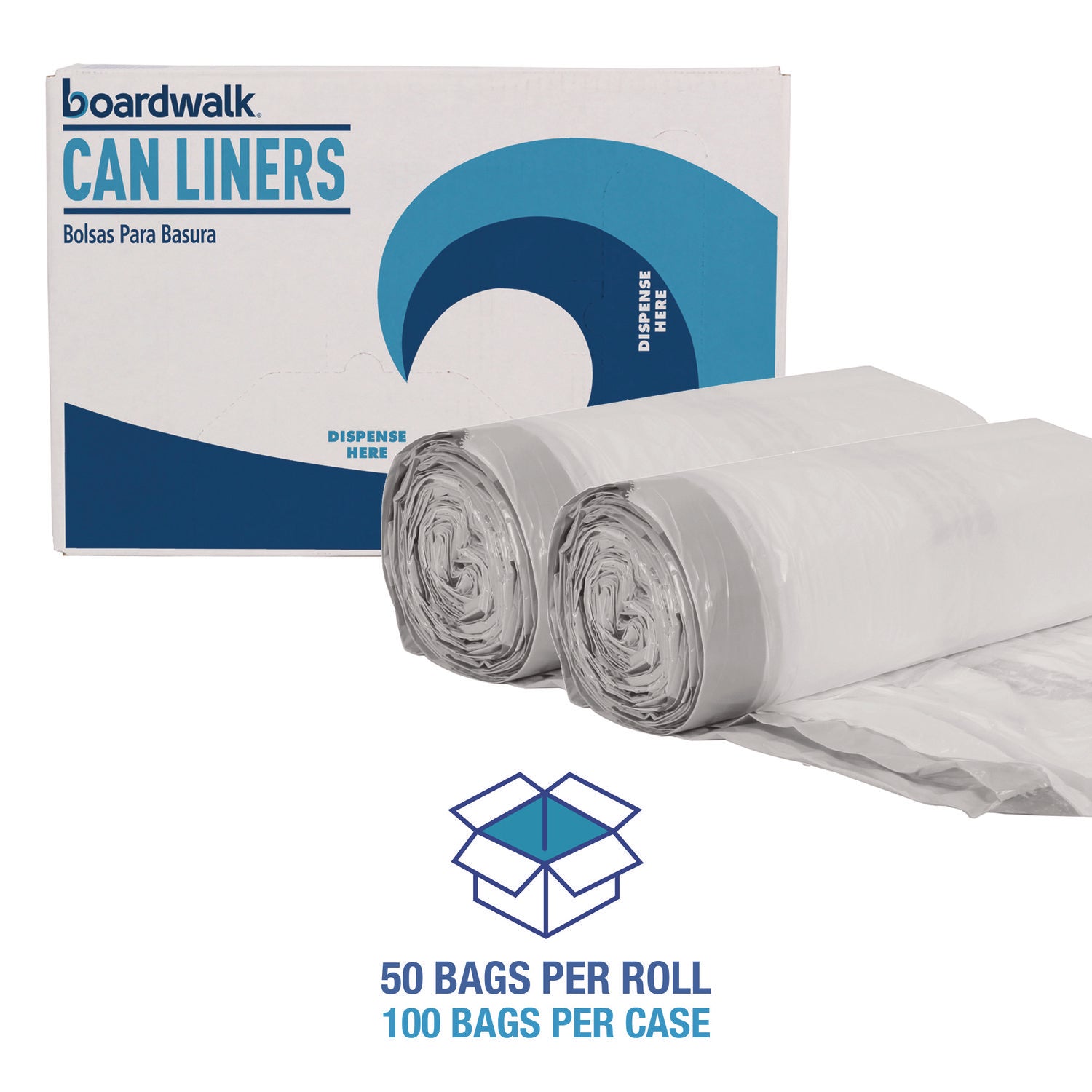 Drawstring Kitchen Bags, Drawstring, 13 gal, 24" x 28", White, 50 Bags/Roll, 2 Rolls/Carton
