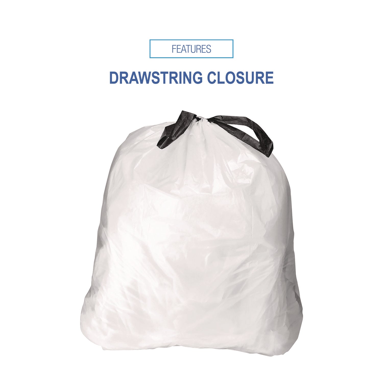 Drawstring Kitchen Bags, Drawstring, 13 gal, 24" x 28", White, 50 Bags/Roll, 2 Rolls/Carton