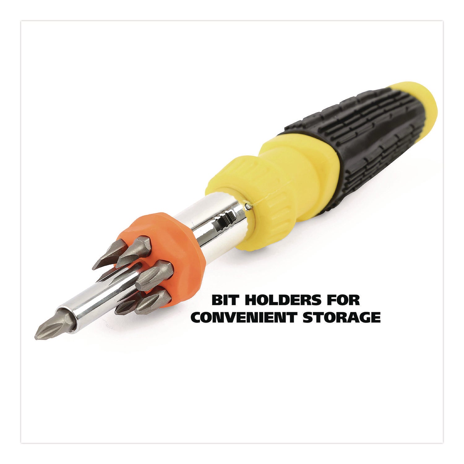 Ratcheting Screw/Nut Driver Set, 34-Piece, Hex/Phillips/Slotted/Star Bits, Metric/SAE Sockets, 8" Long, Yellow/Black Handle