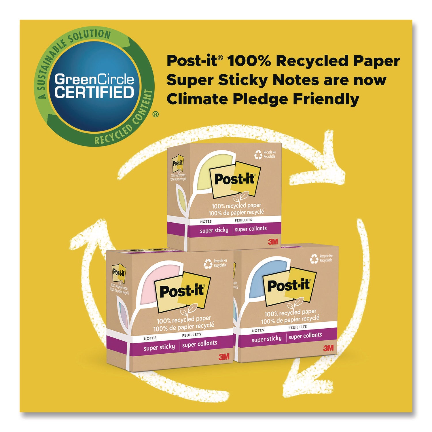 Post-it Recycled Super Sticky Notes, 3" x 3", Assorted Oasis Colors, 70 Sheets per Pad, 24 Pads per Pack, Square, Unruled, 100% Recycled Paper