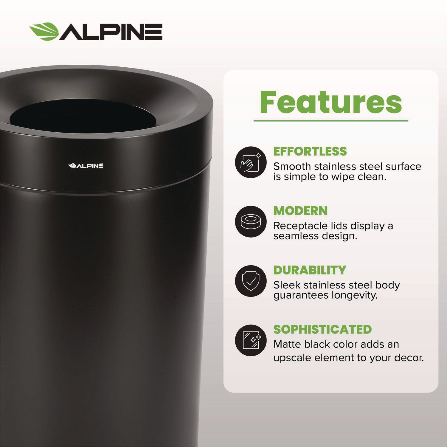 27 Gallon Stainless Steel Commercial Indoor Trash Can, Black