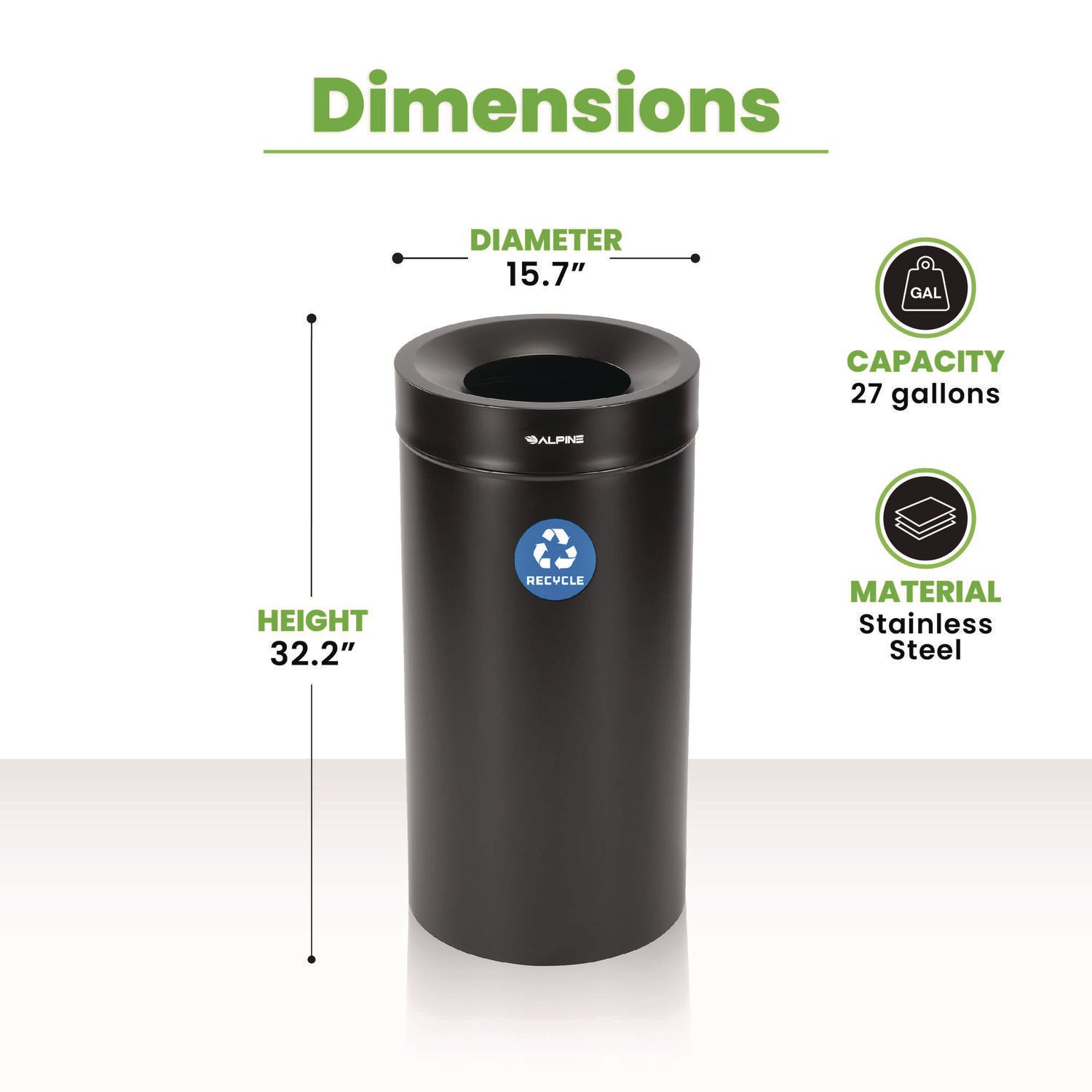 27 Gallon Stainless Steel Recycling Can, Black