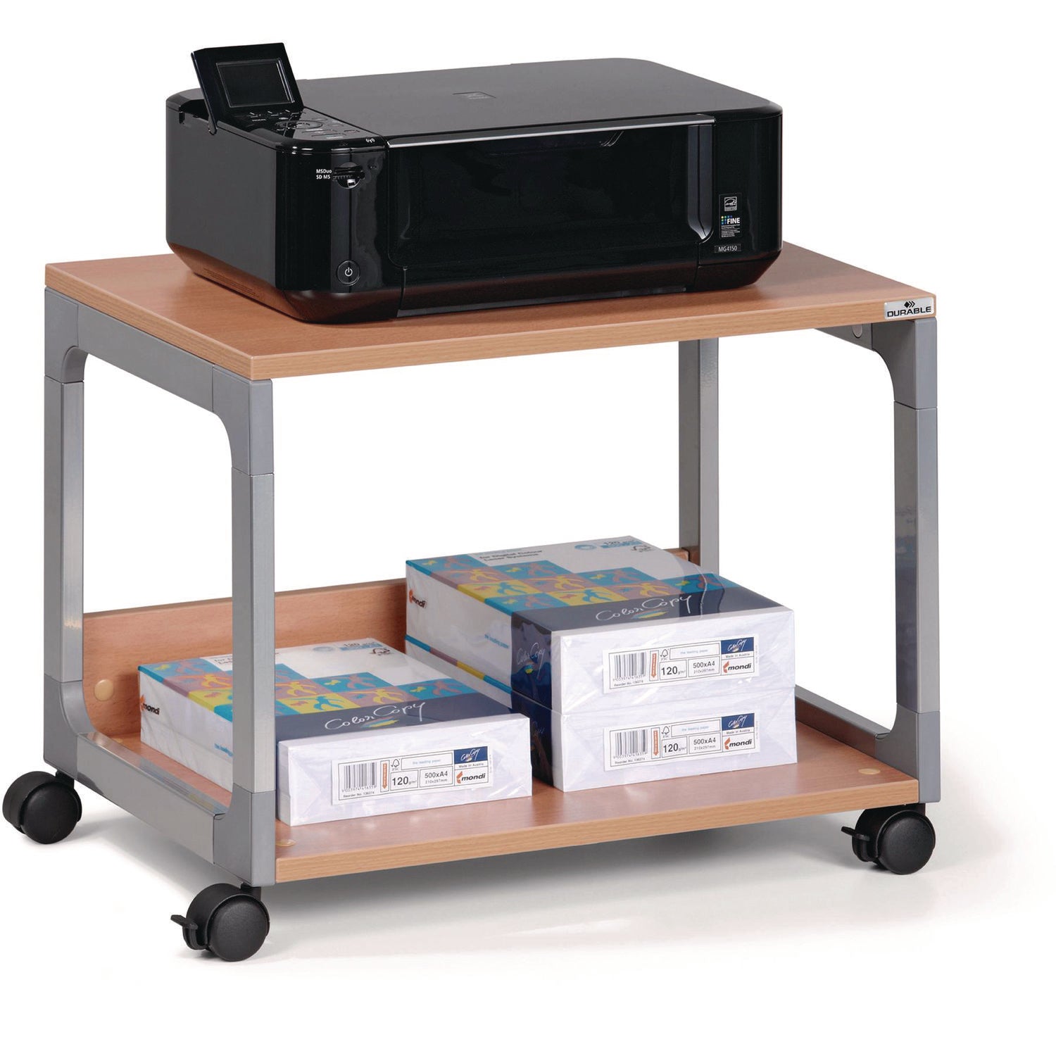 DURABLE System 48 Multifunction Trolley, 2 Shelves, 4 Casters, Metal/Steel/Melamine/Hardboard/Fiberglass/Plastic, Silver/Beech, 3.60" W x 17" D x 18.80" H, 1 Each
