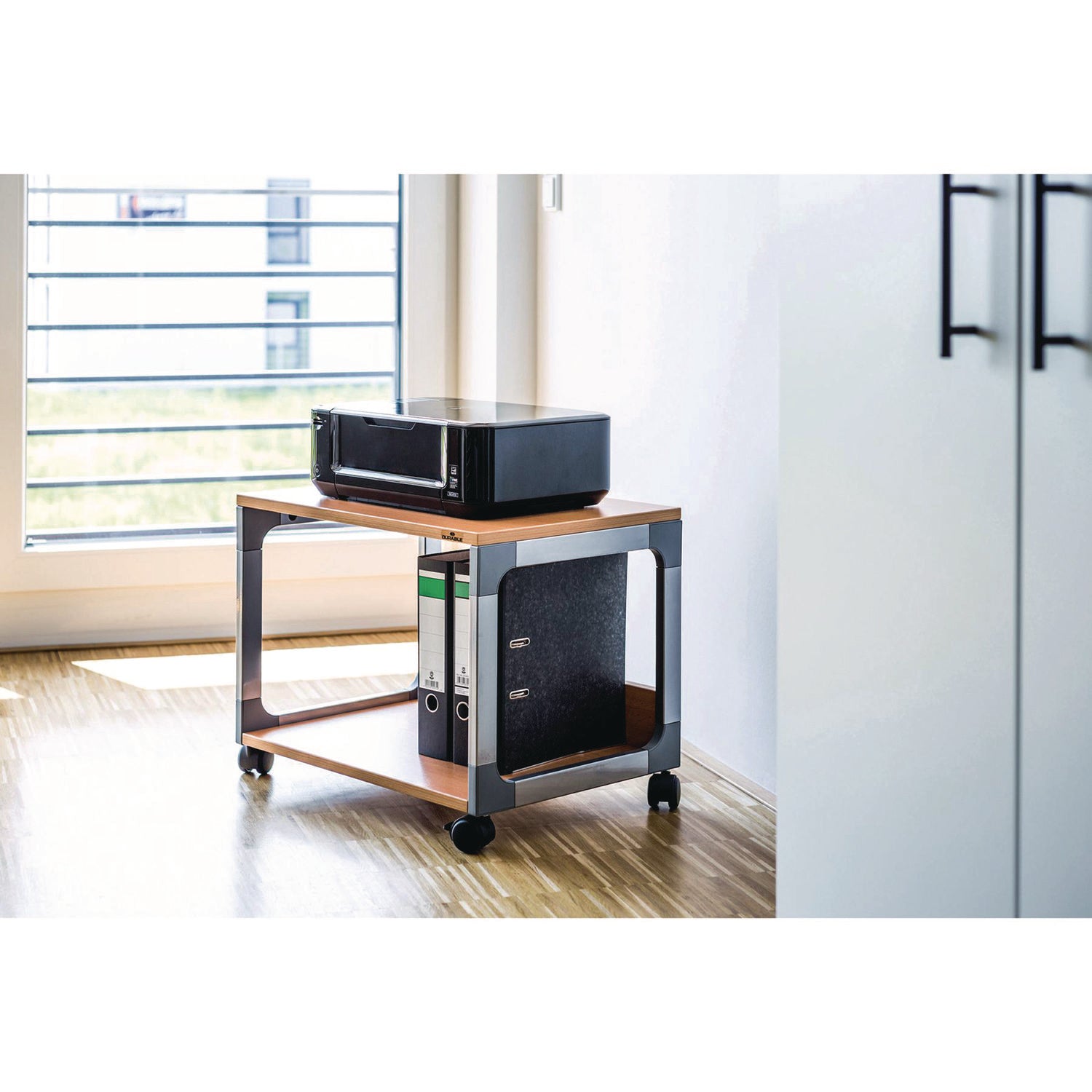 DURABLE System 48 Multifunction Trolley, 2 Shelves, 4 Casters, Metal/Steel/Melamine/Hardboard/Fiberglass/Plastic, Silver/Beech, 3.60" W x 17" D x 18.80" H, 1 Each