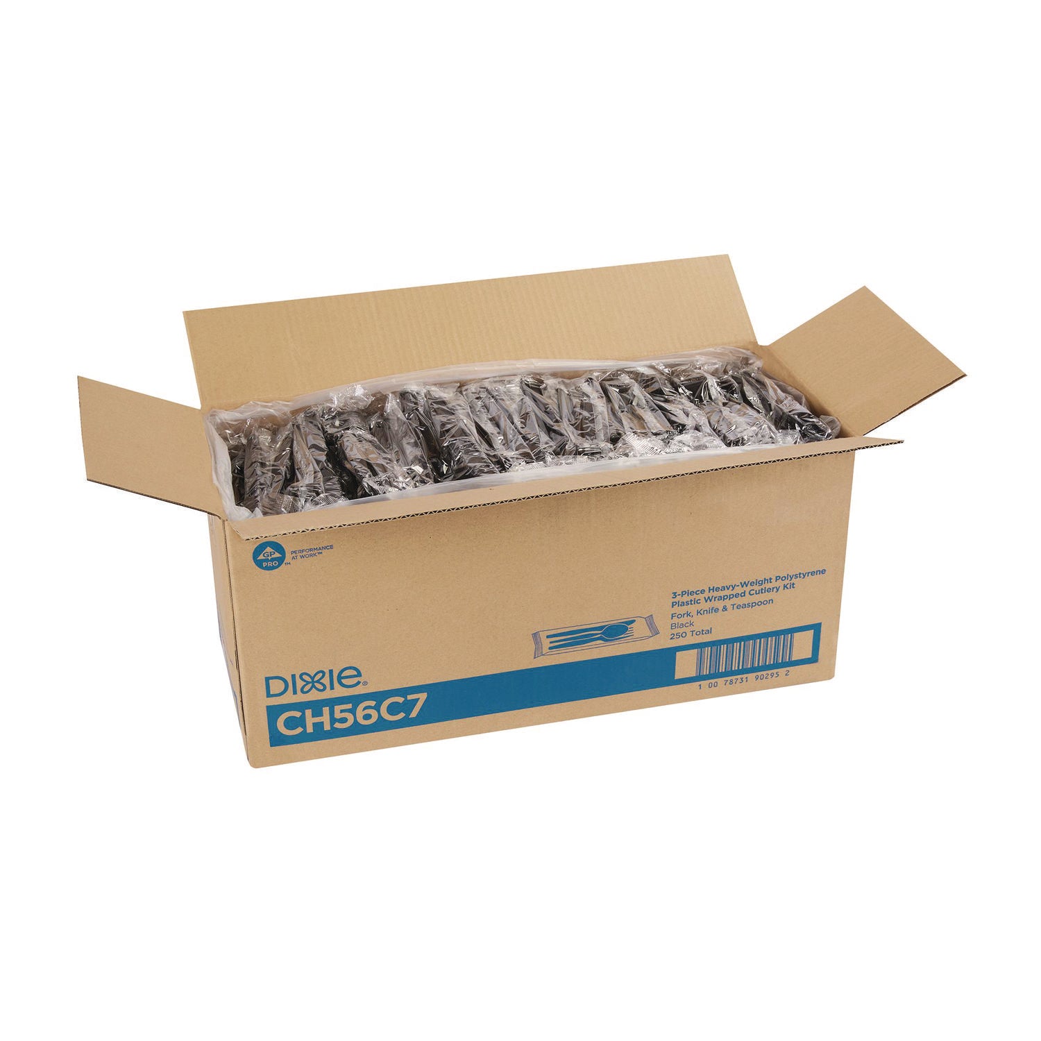 Individually Wrapped Heavyweight Cutlery Set, Fork/Knife/Spoon, Plastic, Black, 250/Carton