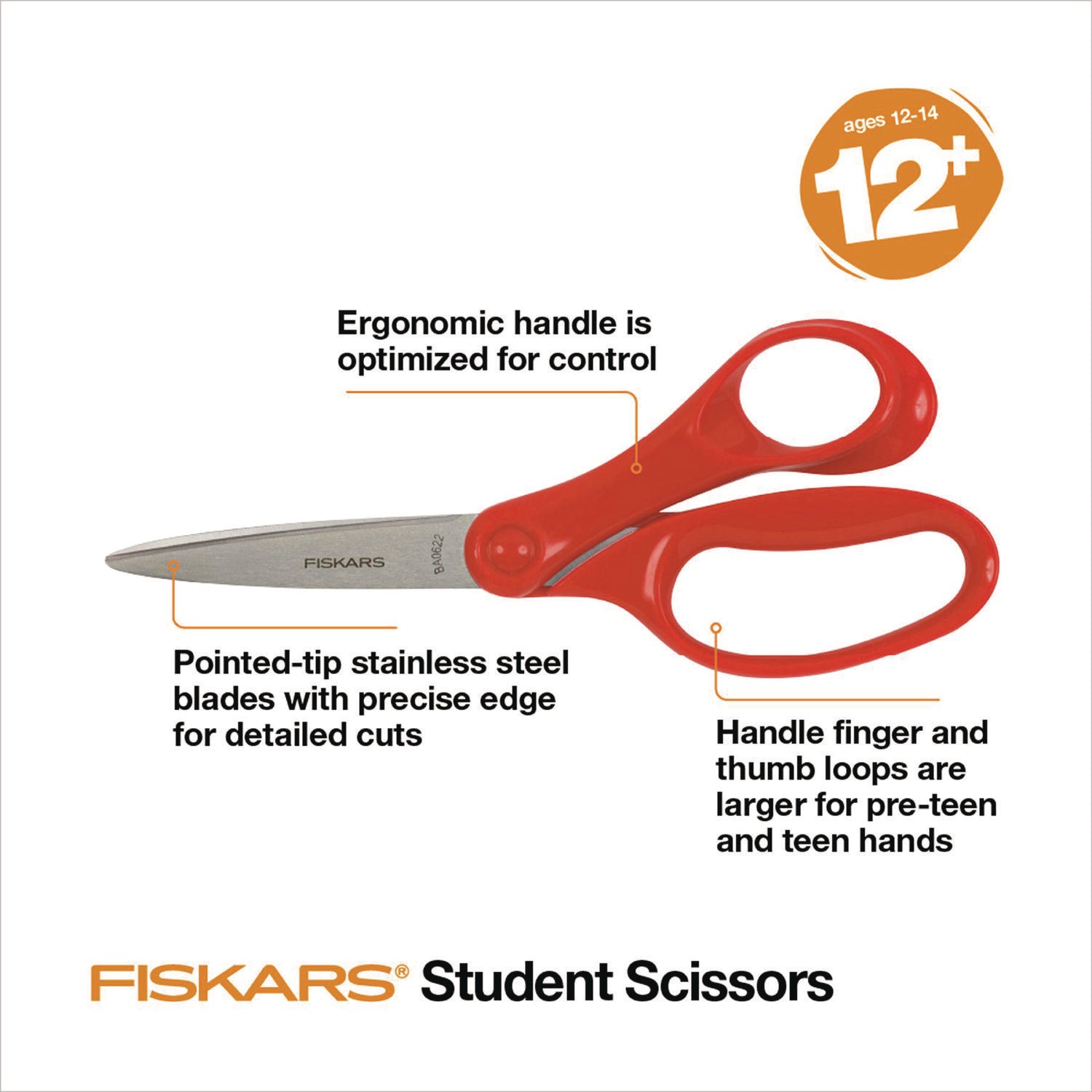 Fiskars Student Scissors, 7" Stainless Steel, Assorted Colors, Left/Right Handed, 1 Each