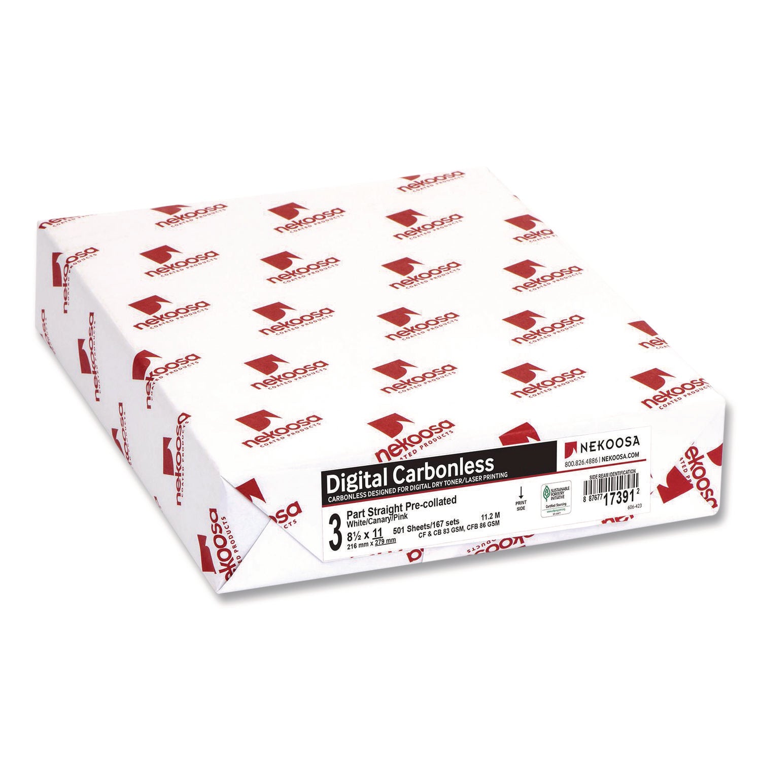 Nekoosa Fast Pack Digital Carbonless Paper - 92 Brightness - Letter - 8 1/2" x 11" - Sustainable Forestry Initiative (SFI) - Unpunched, Straight Sequence - White, Canary, Pink - 500 Sheets per Ream - 5 / Carton