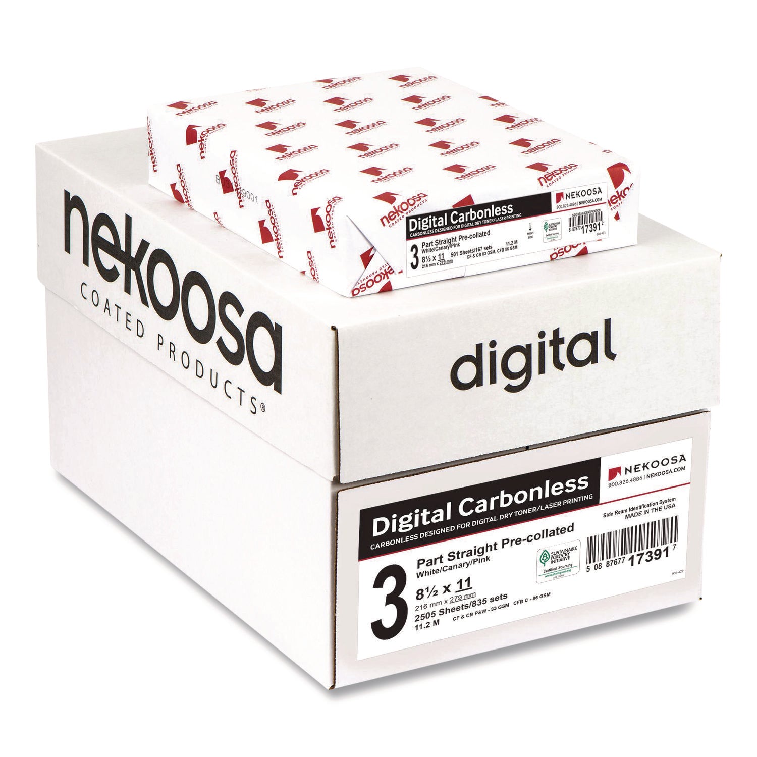 Nekoosa Fast Pack Digital Carbonless Paper - 92 Brightness - Letter - 8 1/2" x 11" - Sustainable Forestry Initiative (SFI) - Unpunched, Straight Sequence - White, Canary, Pink - 500 Sheets per Ream - 5 / Carton