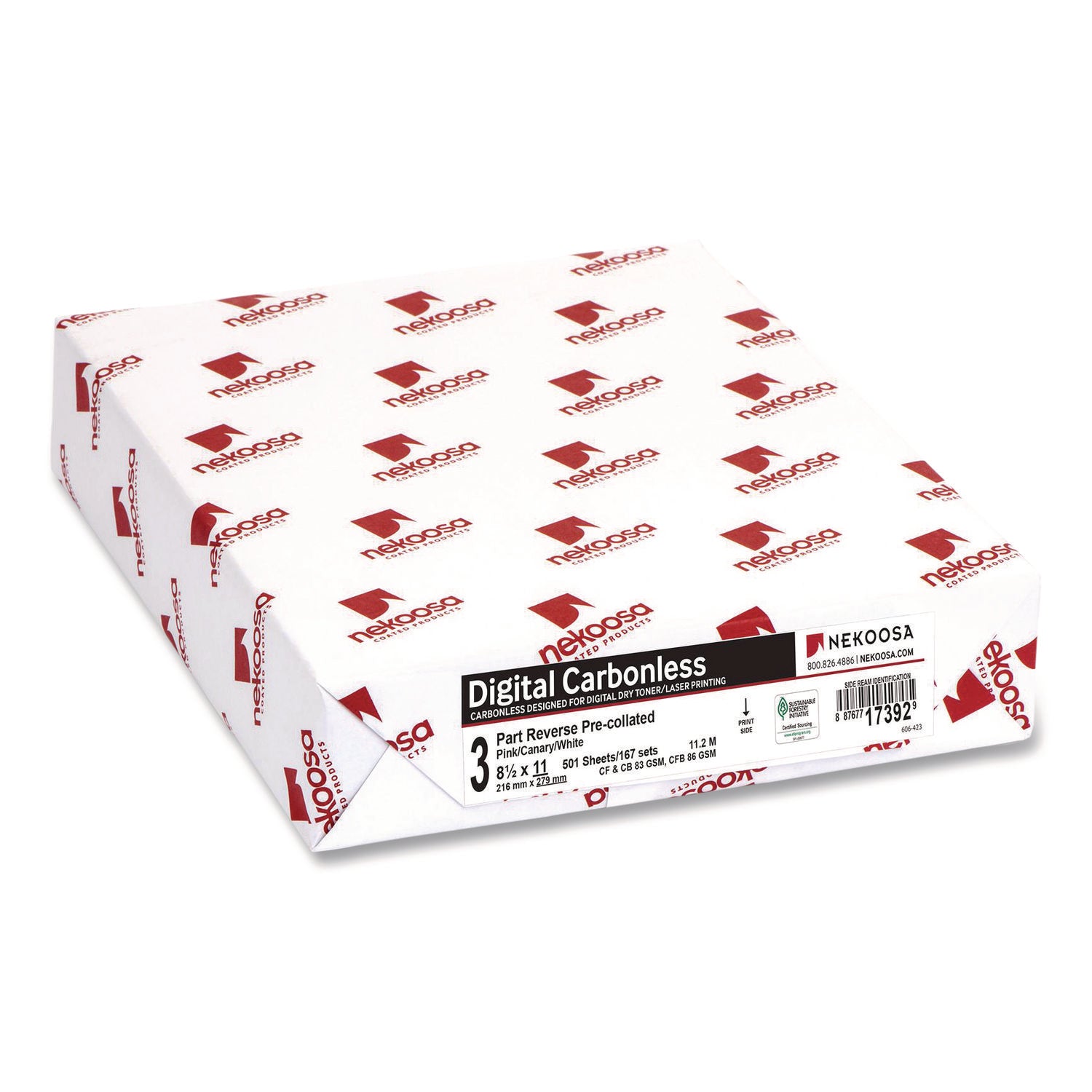 Nekoosa Fast Pack Digital Carbonless Paper - 92 Brightness - Letter - 8 1/2" x 11" - Sustainable Forestry Initiative (SFI) - Unpunched, Reverse Sequence, Precollated - White, Canary, Pink - 500 Sheets per Ream - 1 Carton