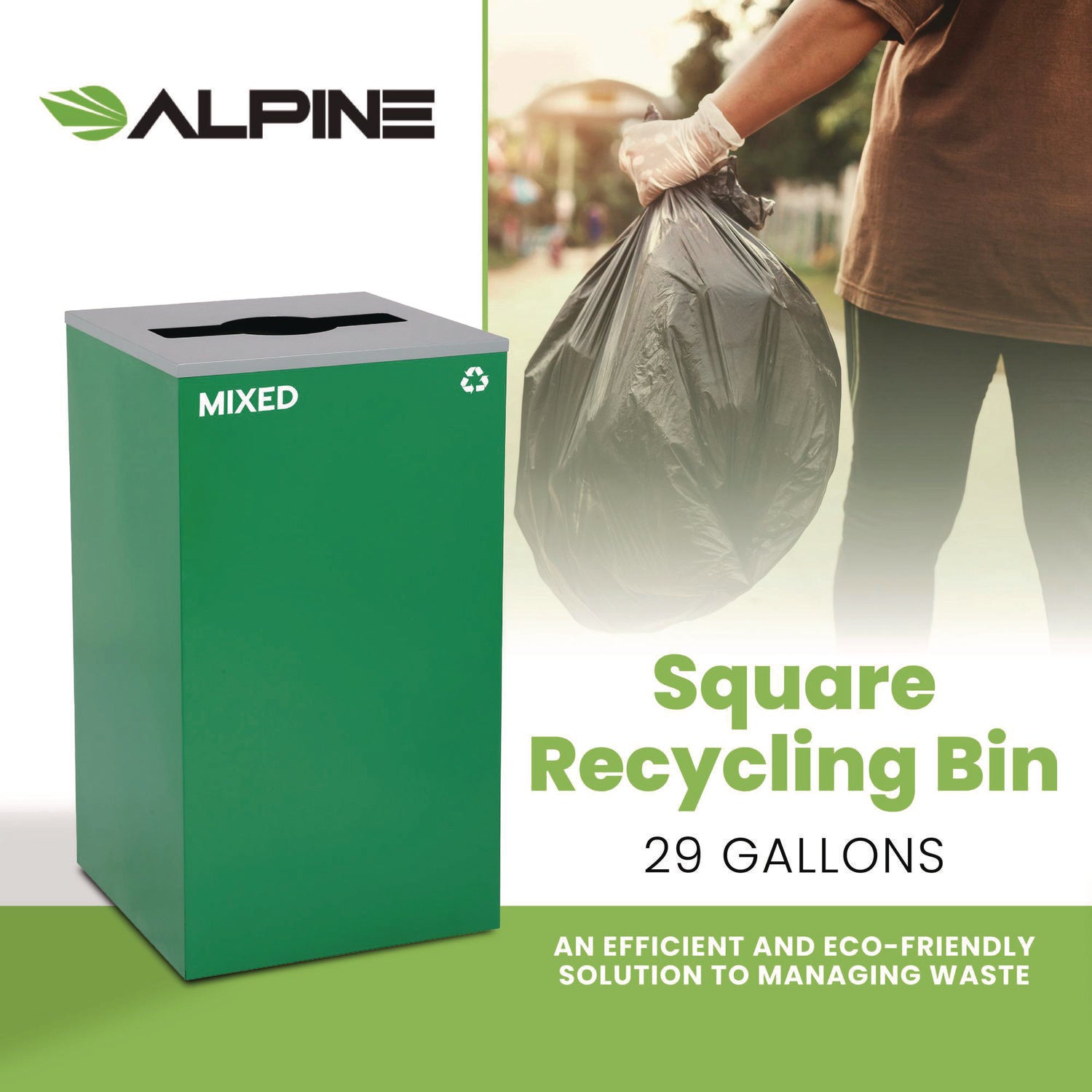 29 Gallon Trash/Recycling Cans, Steel, Green Mixed Recycling Can with Mixed Lid