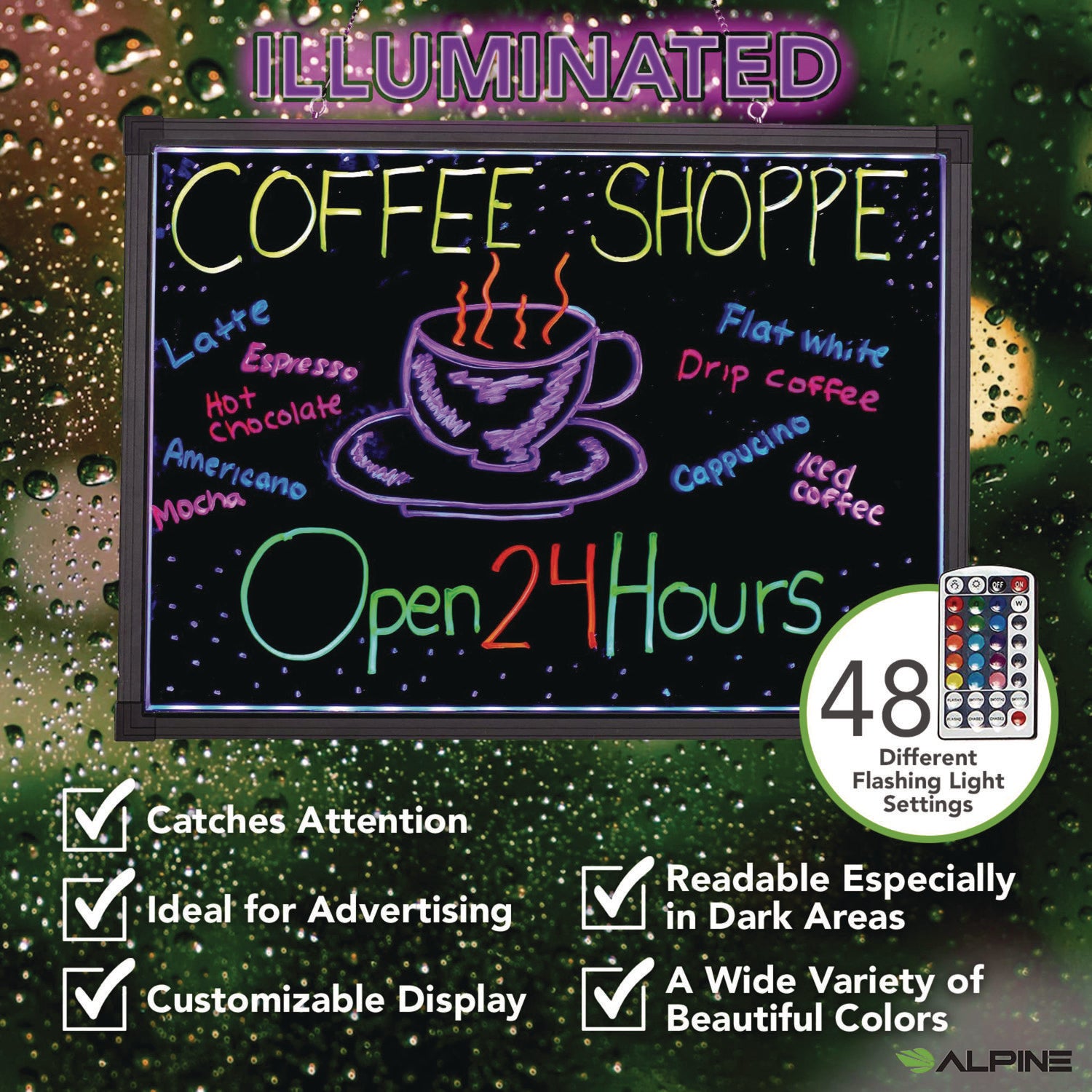 LED Illuminated Hanging Message Writing Board, Black 26" x 18" Surface, Black 27.6" x 19.7" Frame