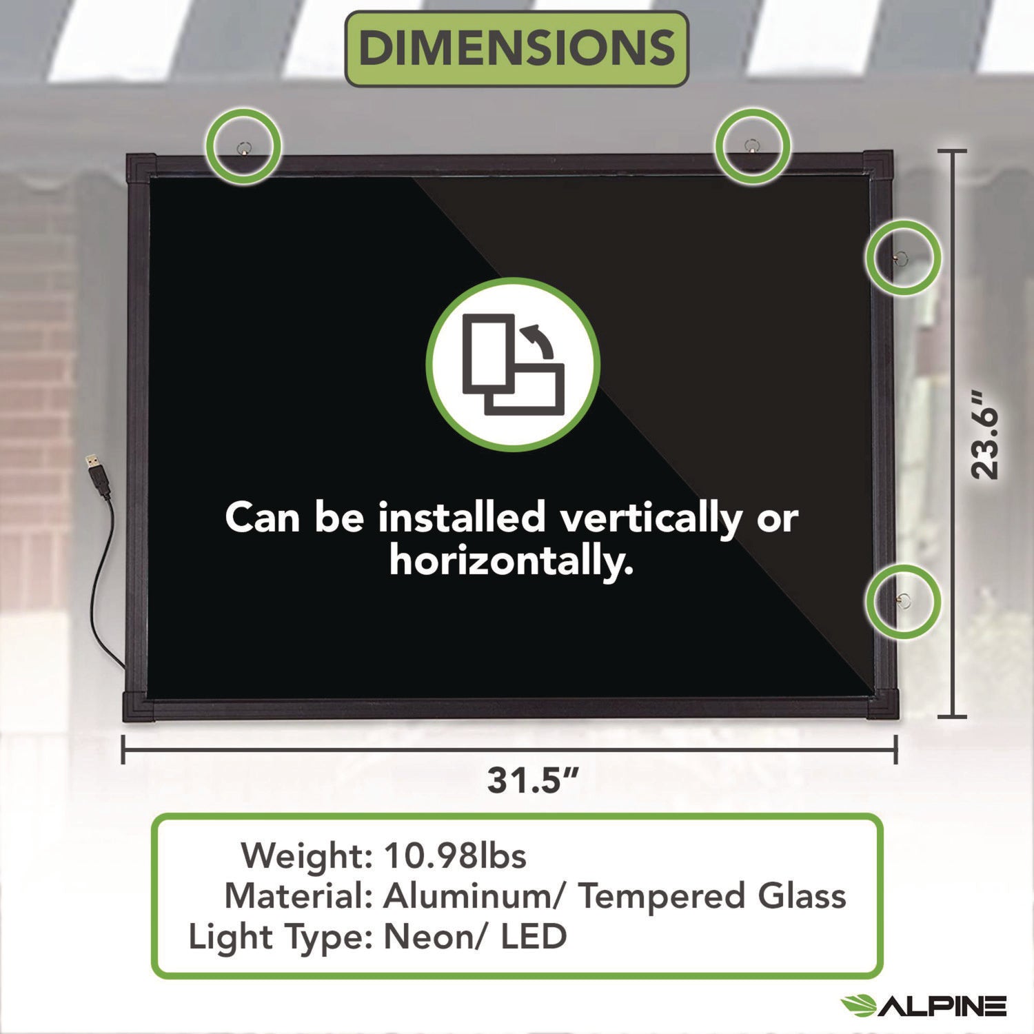 LED Illuminated Hanging Message Writing Board, Black 22" x 30" Surface, Black 23.6" x 31.5" Frame