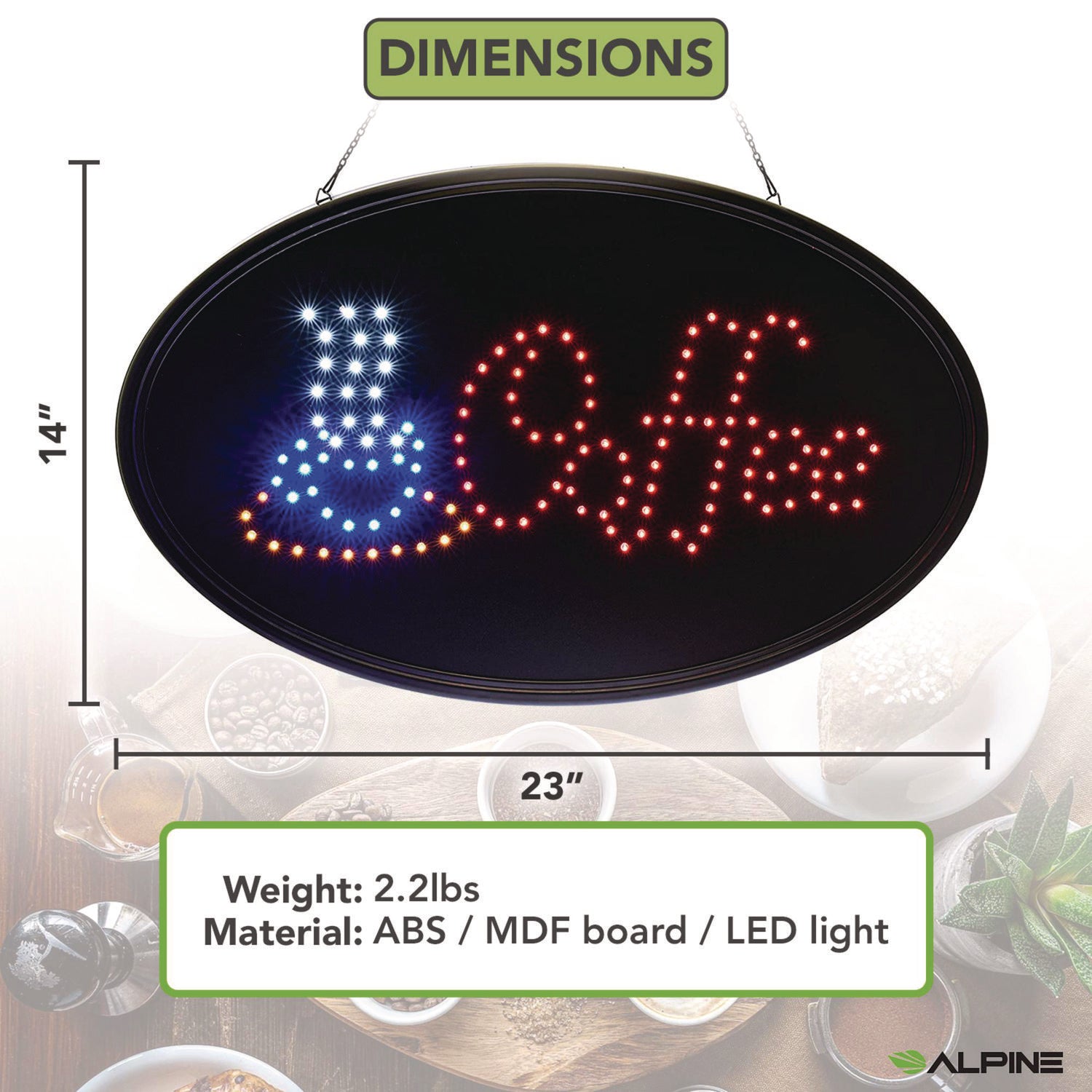 LED Oval Coffee Sign, 23 x 14, Black Frame, Blue/Red Graphics