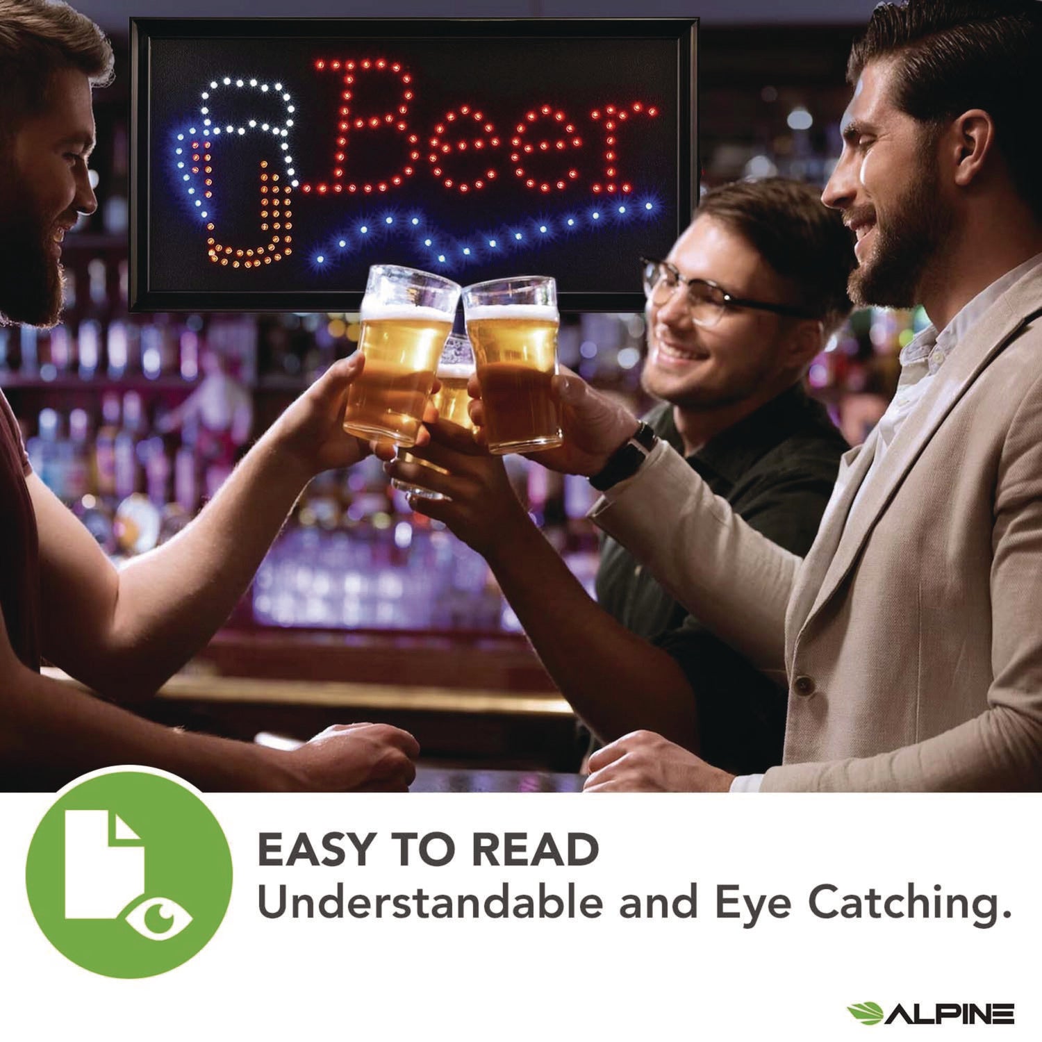 LED Rectangular Beer Sign, 19 x 10, Black Frame, Blue/Green/Orange/Red/White Graphics