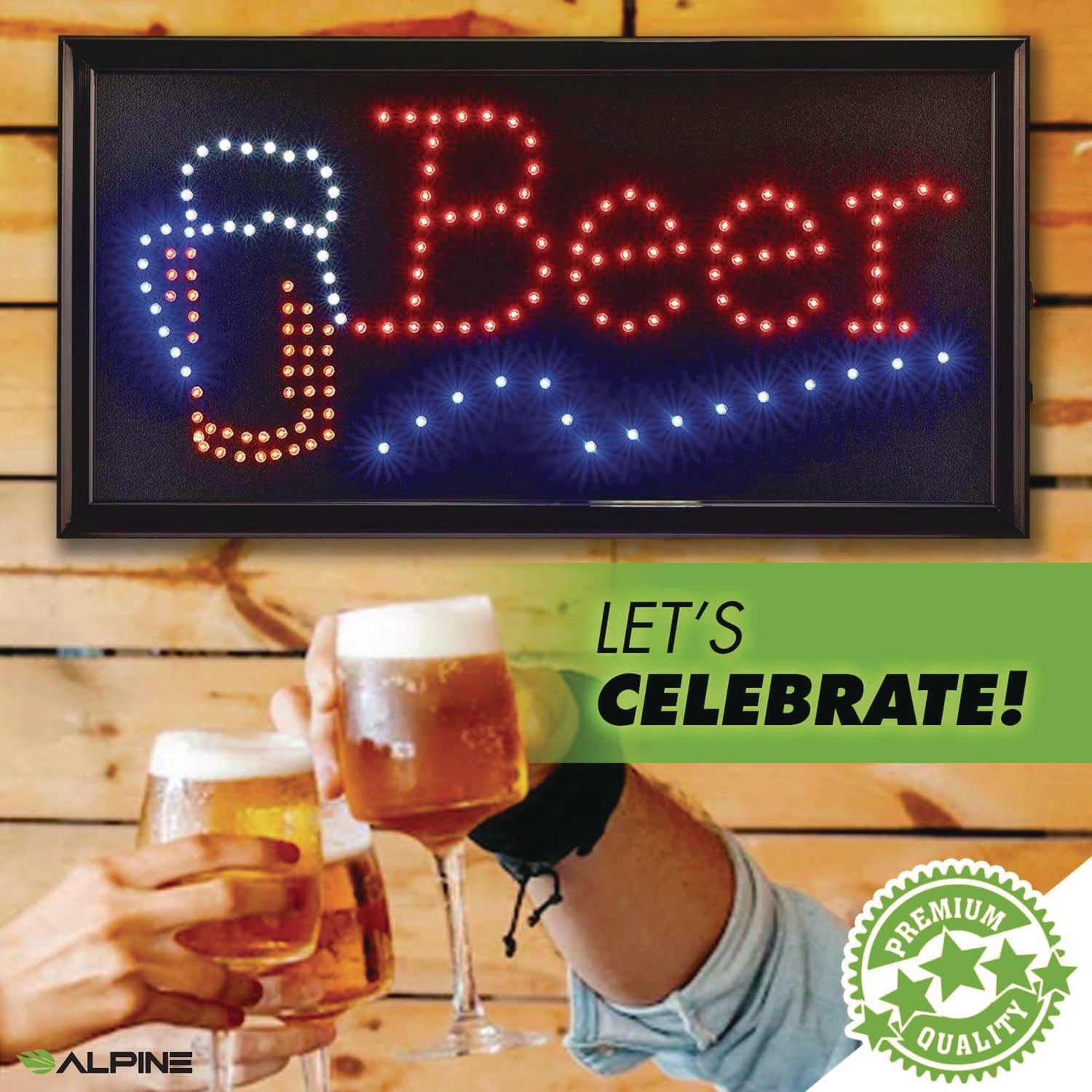 LED Rectangular Beer Sign, 19 x 10, Black Frame, Blue/Green/Orange/Red/White Graphics
