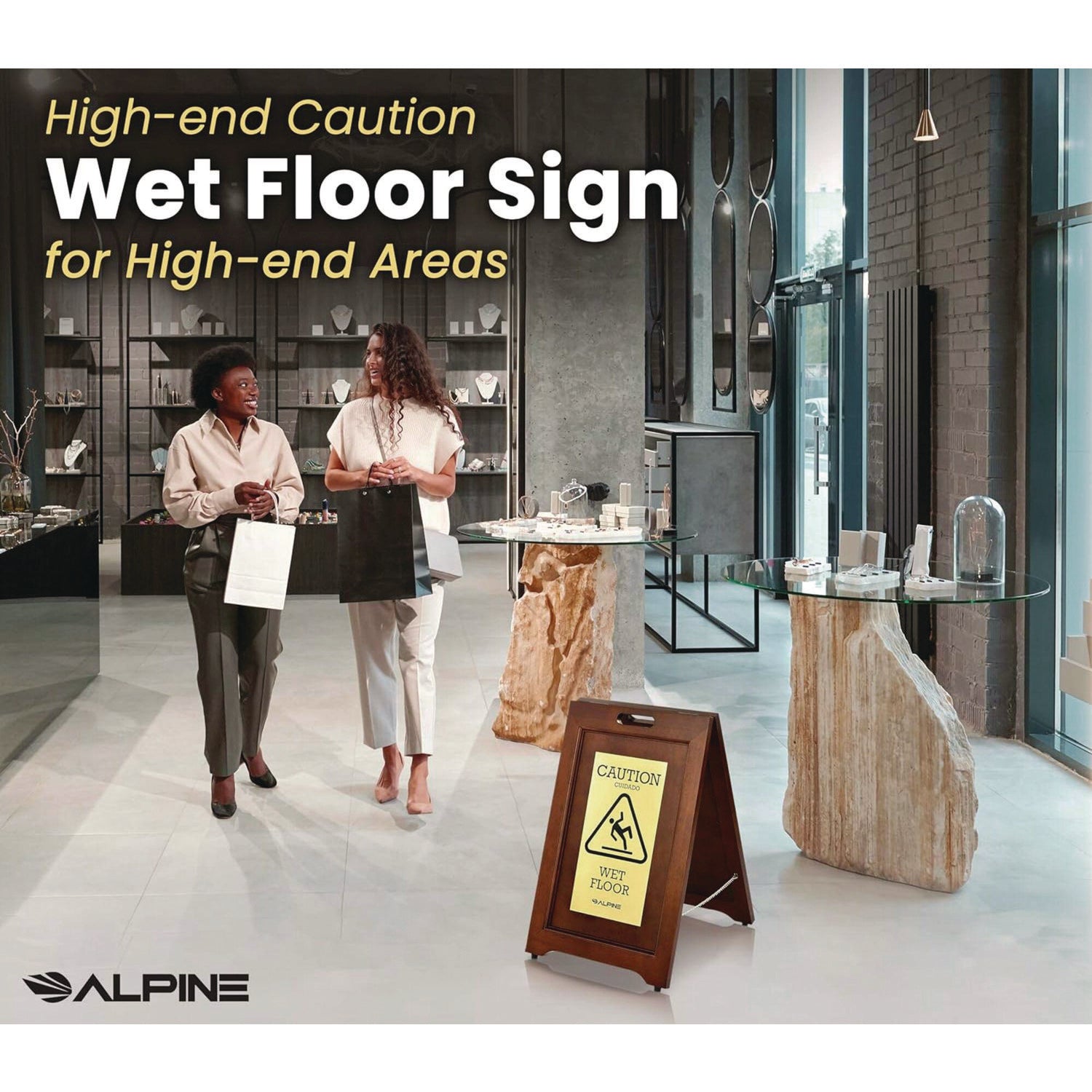 2-Sided Plated Wooden A-Frame Bilingual Wet Floor Sign, 15 X 2 X 24, Brass