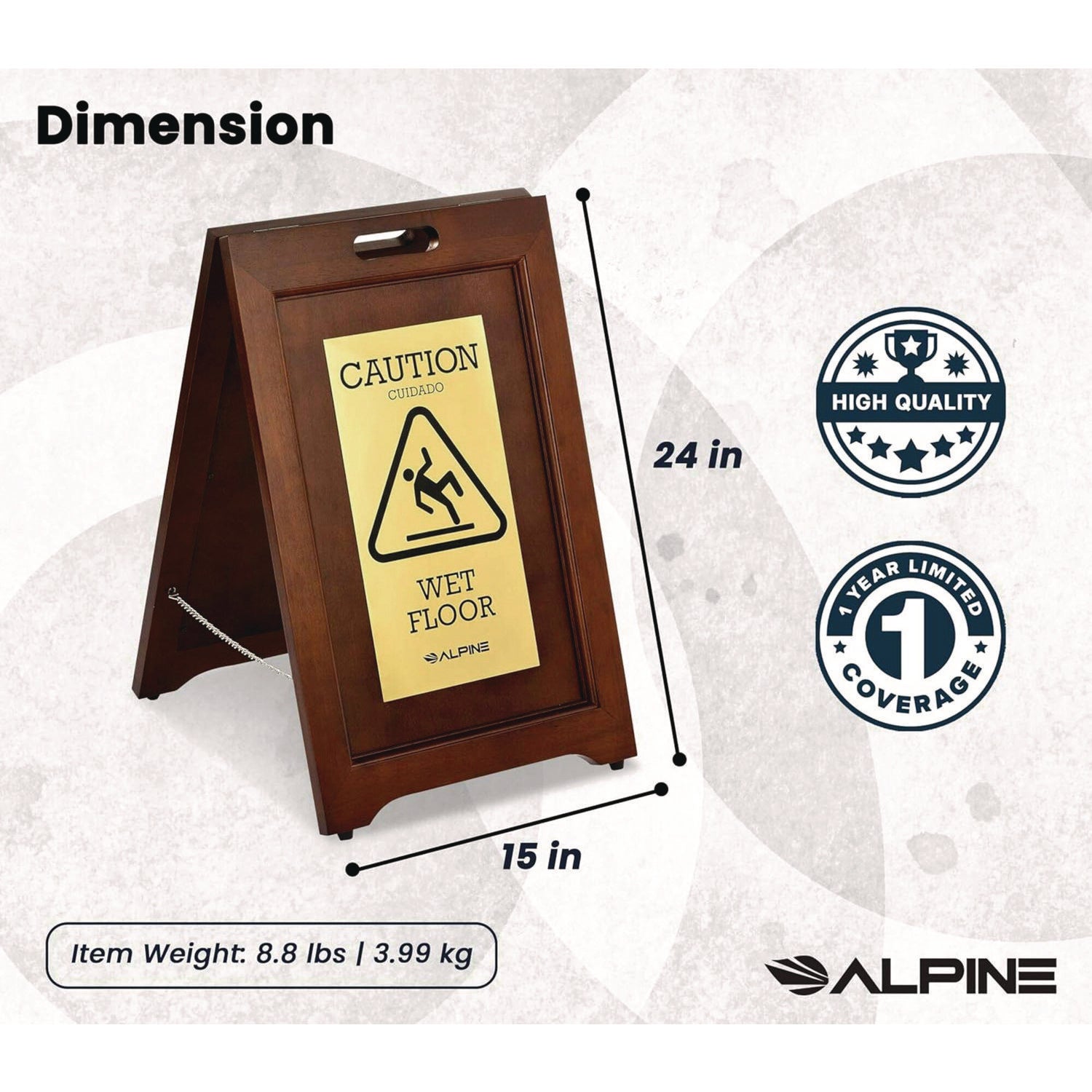 2-Sided Plated Wooden A-Frame Bilingual Wet Floor Sign, 15 X 2 X 24, Brass