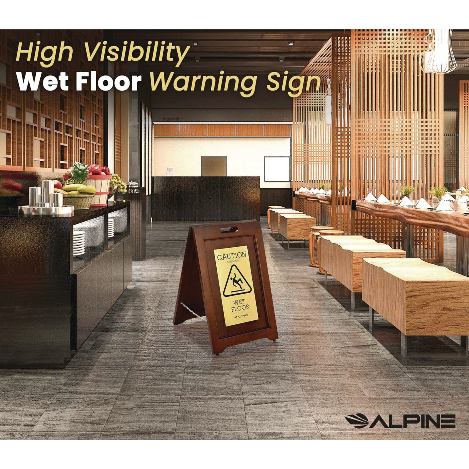 2-Sided Plated Wooden A-Frame Bilingual Wet Floor Sign, 15 X 2 X 24, Brass
