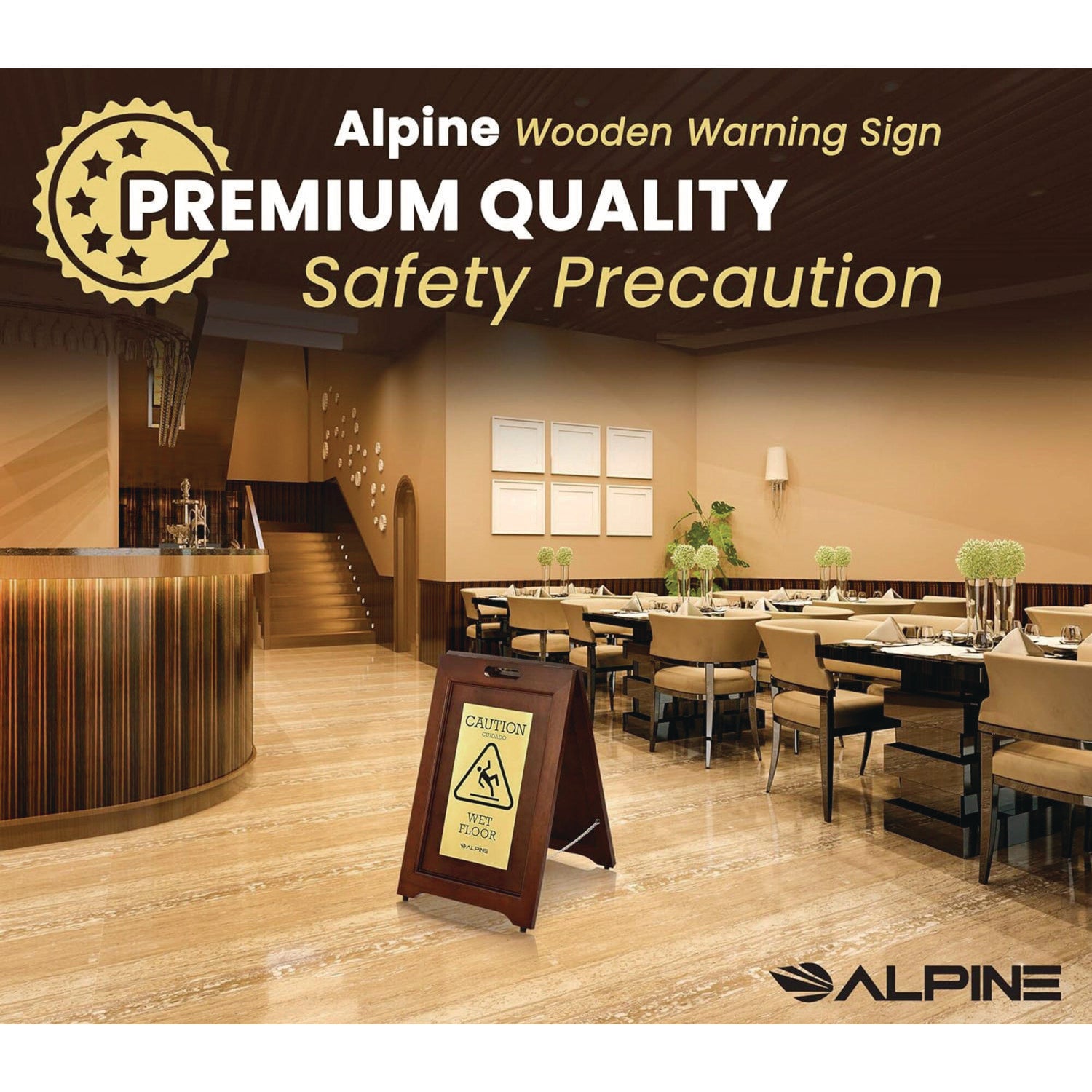 2-Sided Plated Wooden A-Frame Bilingual Wet Floor Sign, 15 X 2 X 24, Brass