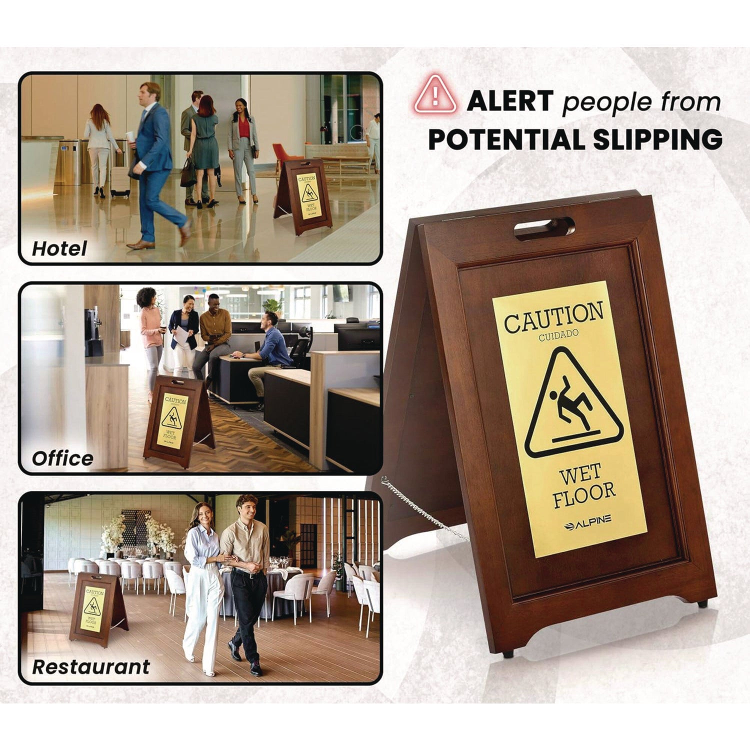 2-Sided Plated Wooden A-Frame Bilingual Wet Floor Sign, 15 X 2 X 24, Brass