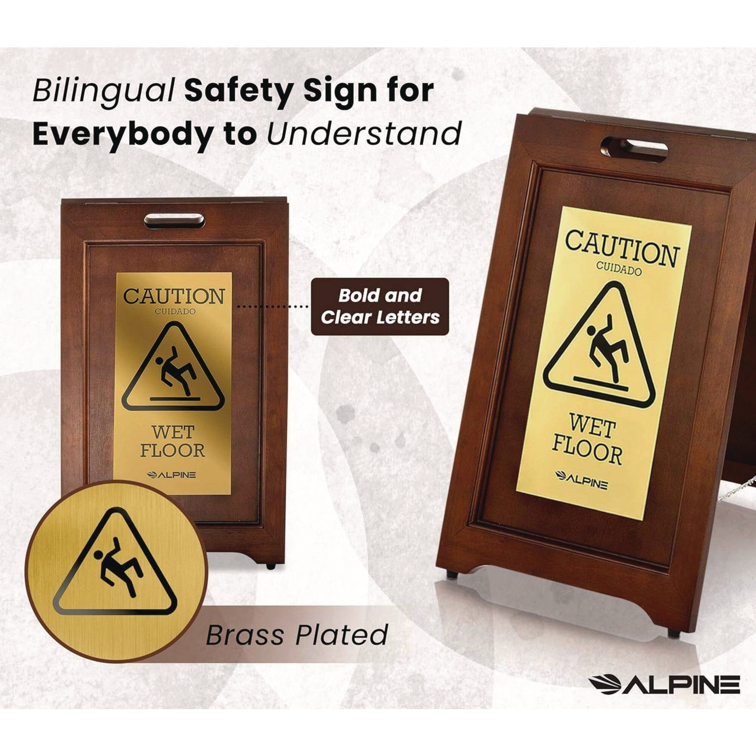 2-Sided Plated Wooden A-Frame Bilingual Wet Floor Sign, 15 X 2 X 24, Brass