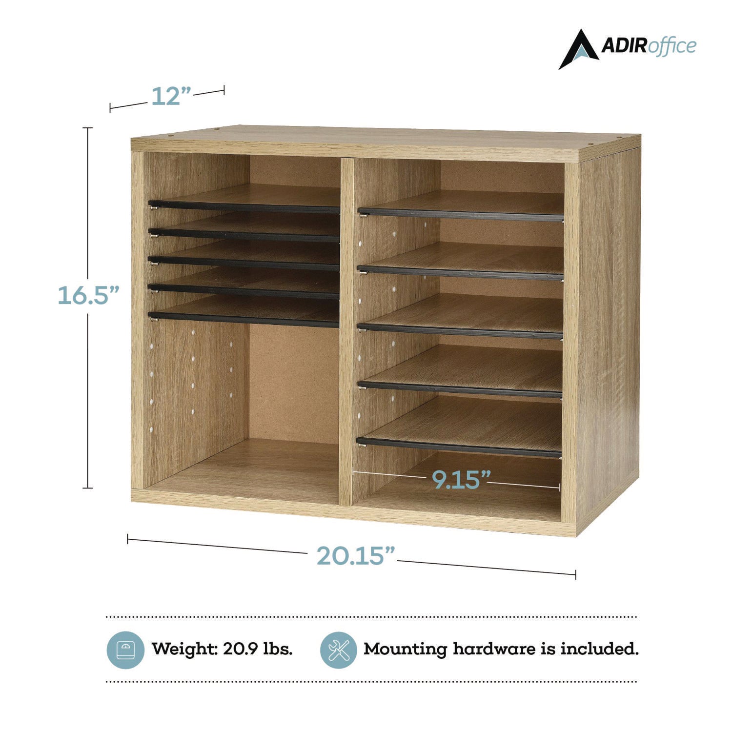 Wood Adjustable 12 Compartment Literature Organizer, 12 Sections, Letter Size, 20 x 11.8 x 16.3, Medium Oak