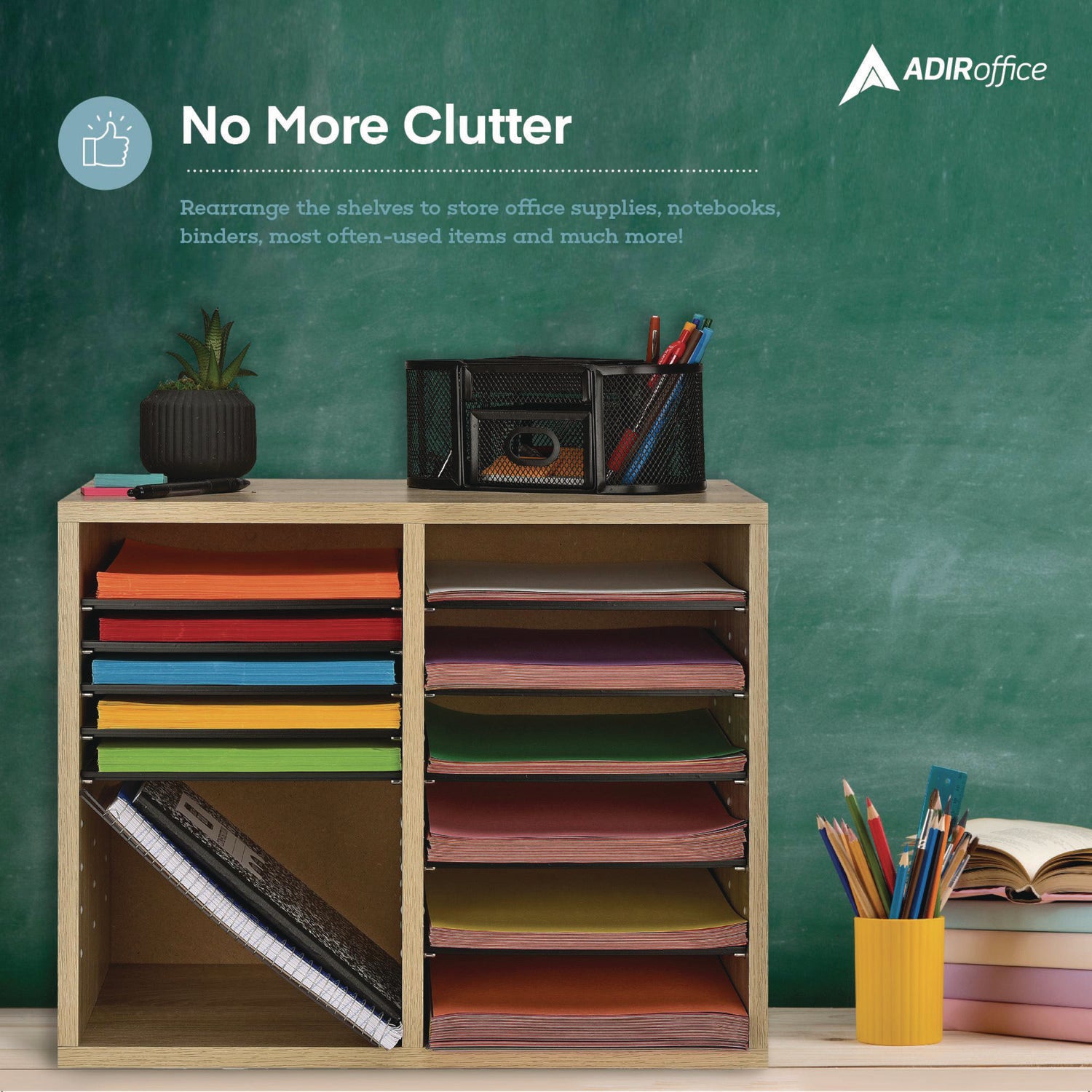 Wood Adjustable 12 Compartment Literature Organizer, 12 Sections, Letter Size, 20 x 11.8 x 16.3, Medium Oak