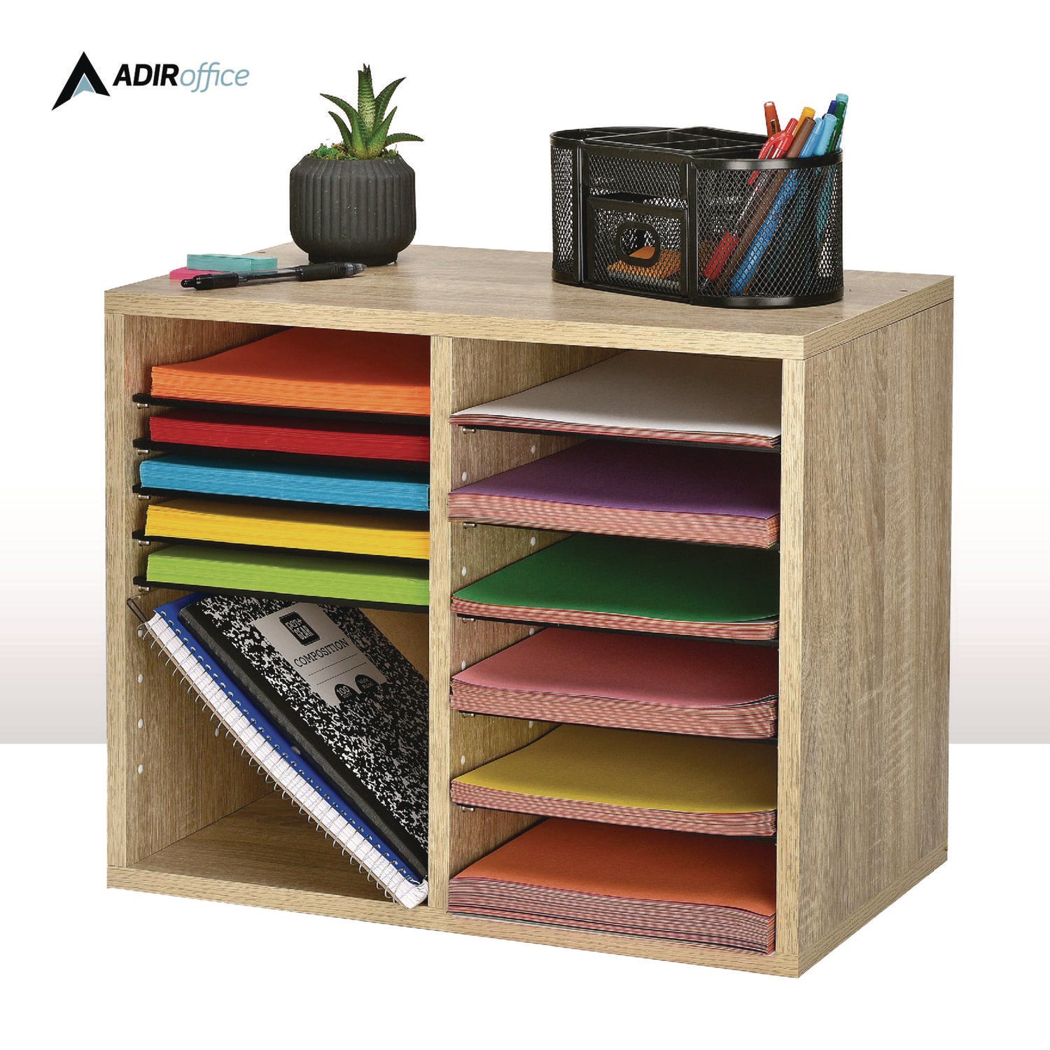 Wood Adjustable 12 Compartment Literature Organizer, 12 Sections, Letter Size, 20 x 11.8 x 16.3, Medium Oak