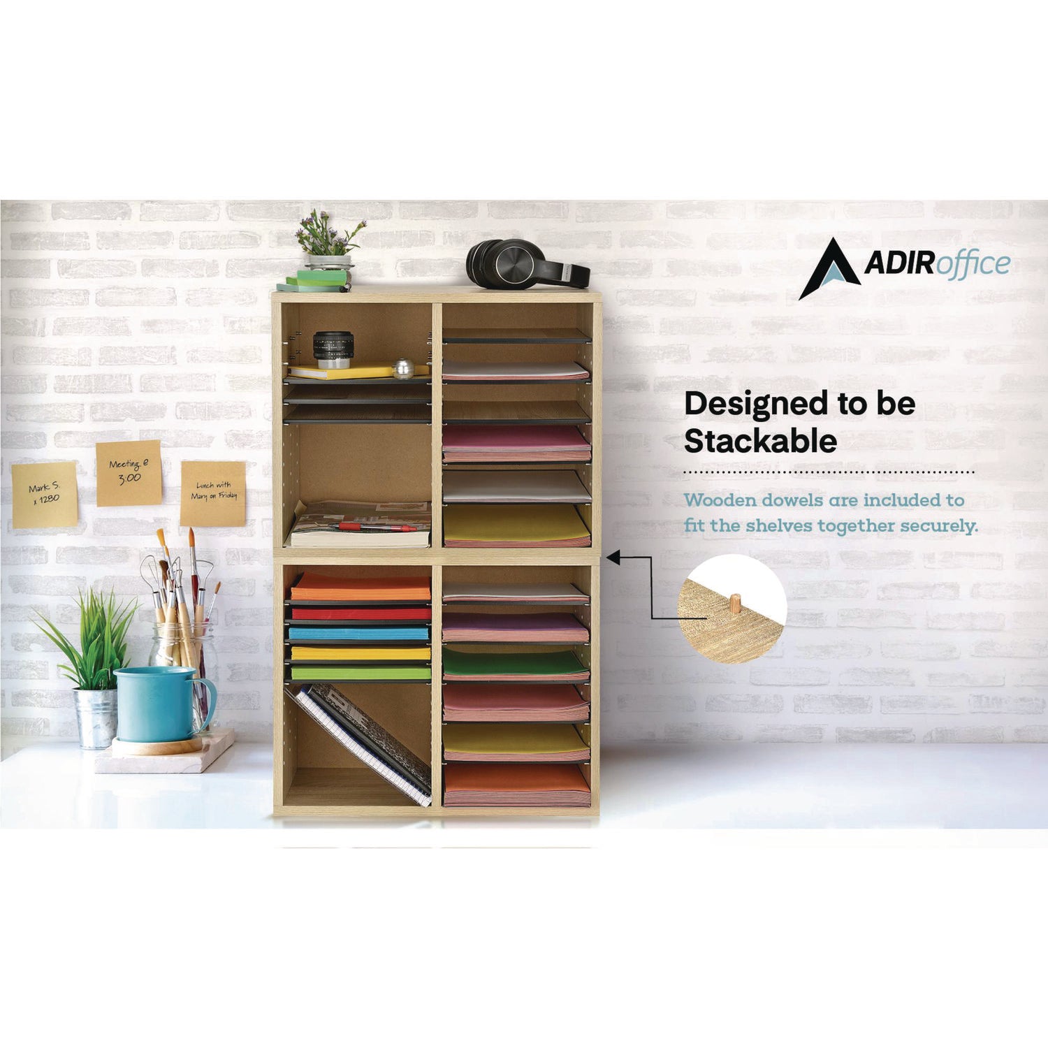 Wood Adjustable 12 Compartment Literature Organizer, 12 Sections, Letter Size, 20 x 11.8 x 16.3, Medium Oak