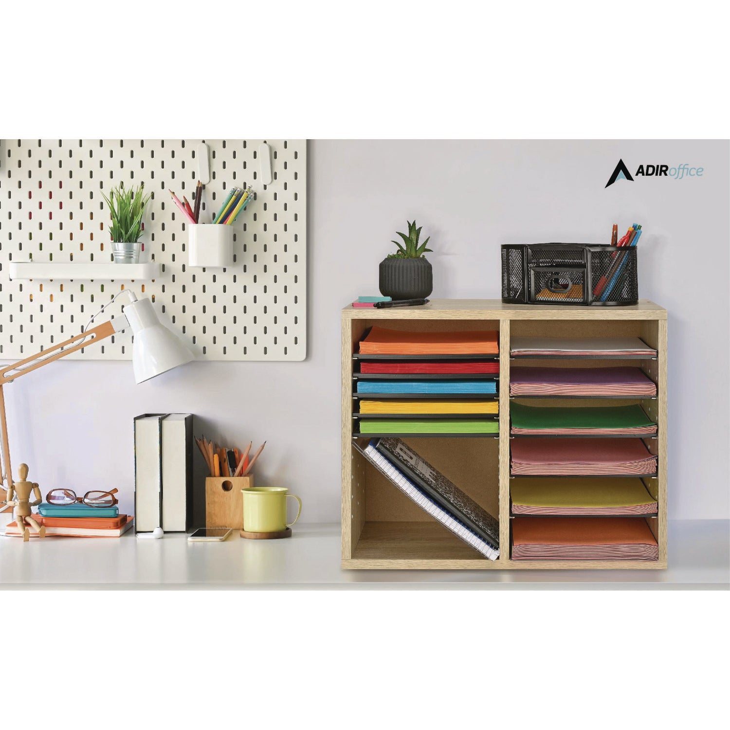 Wood Adjustable 12 Compartment Literature Organizer, 12 Sections, Letter Size, 20 x 11.8 x 16.3, Medium Oak