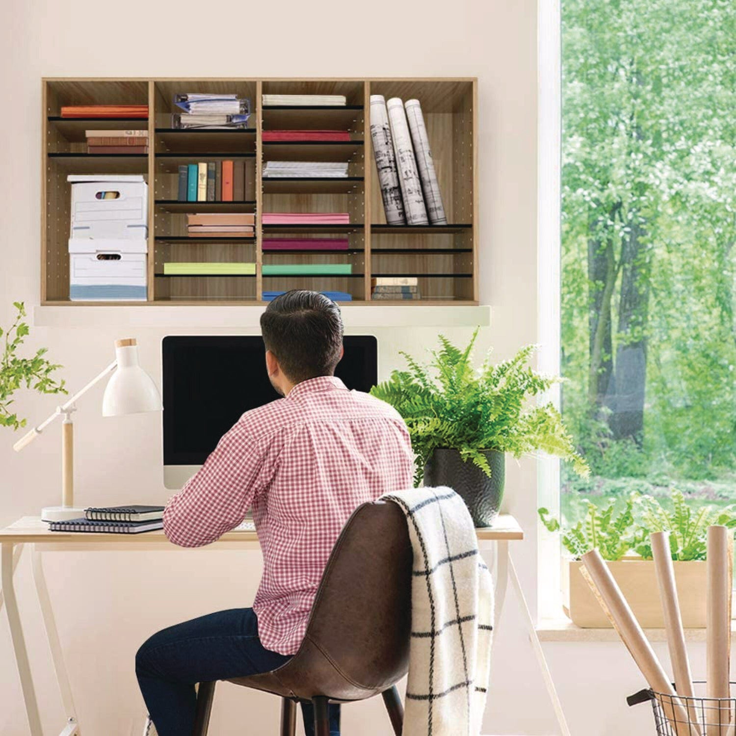 Wood Adjustable 36 Compartment Literature Organizer, 36 Sections, Letter Size, 39.3 x 11.8 x 23.9, Medium Oak