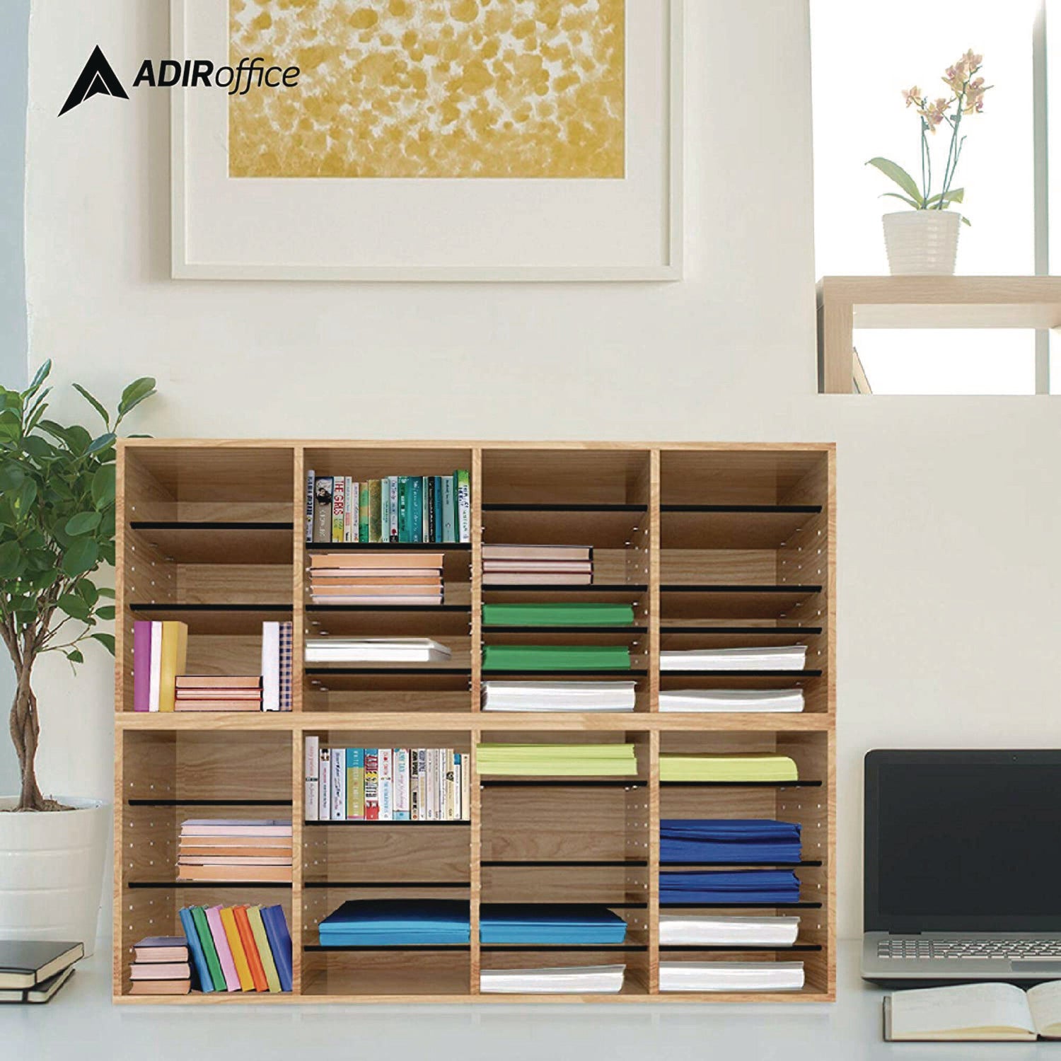 Wood Adjustable 24 Compartment Literature Organizer, 24 Sections, Letter Size, 39.3 x 11.8 x 16.3, Medium Oak