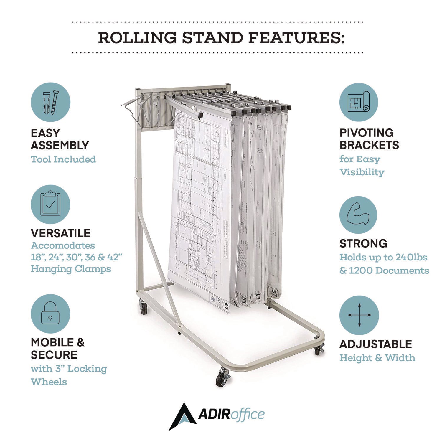 Blueprint Storage Cabinet Rolling Stand, Assorted Document Sizes Accommodated, 27" x 28.5" to 46.5" x 46" to 66", Gray