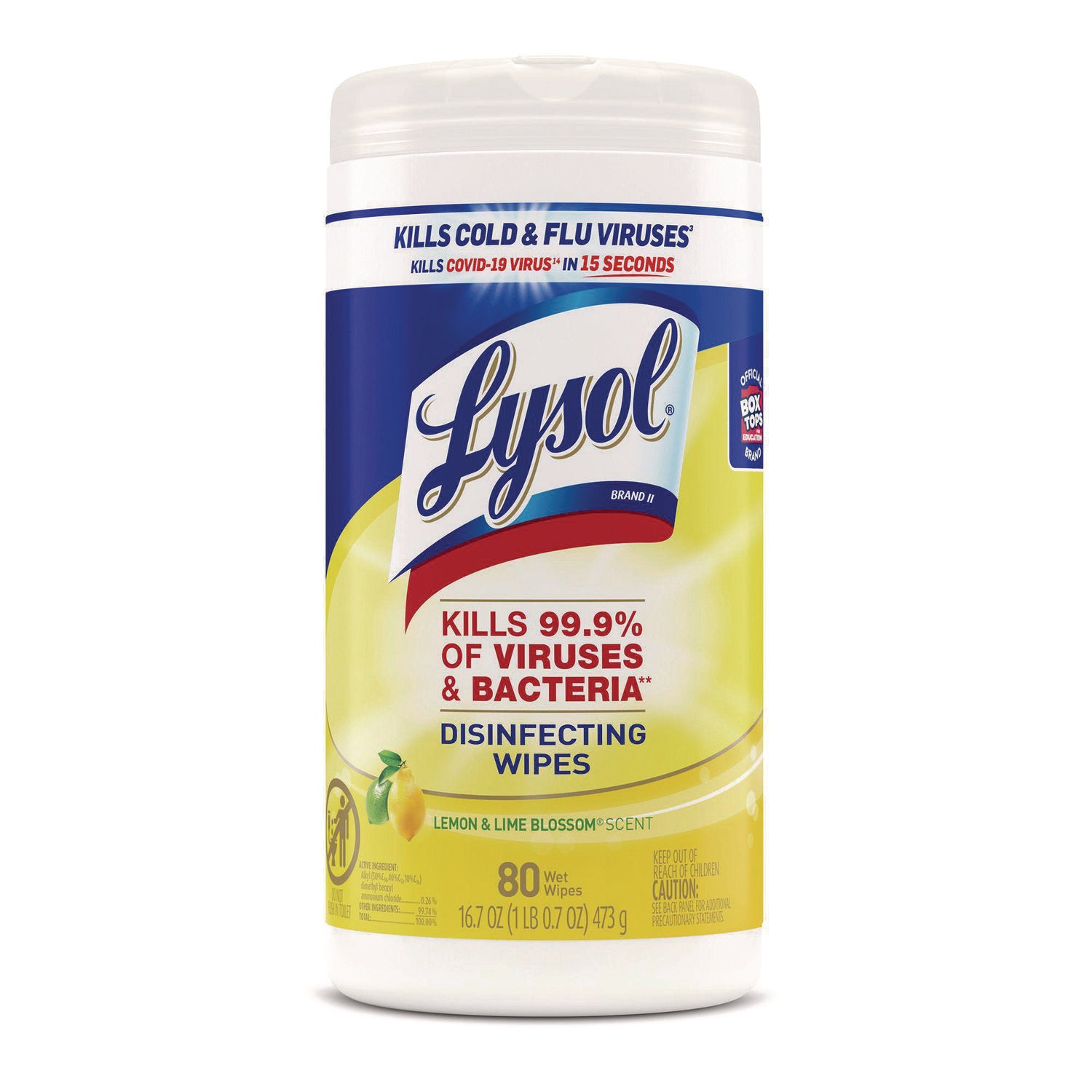 Lysol Disinfecting Wipes - Ready-To-Use - Lemon, Lime Blossom Scent - 7" Length x 7.25" Width - Bleach-free, Antibacterial, Disinfectant, Pre-moistened - White - 80/Tub - 6 / Carton