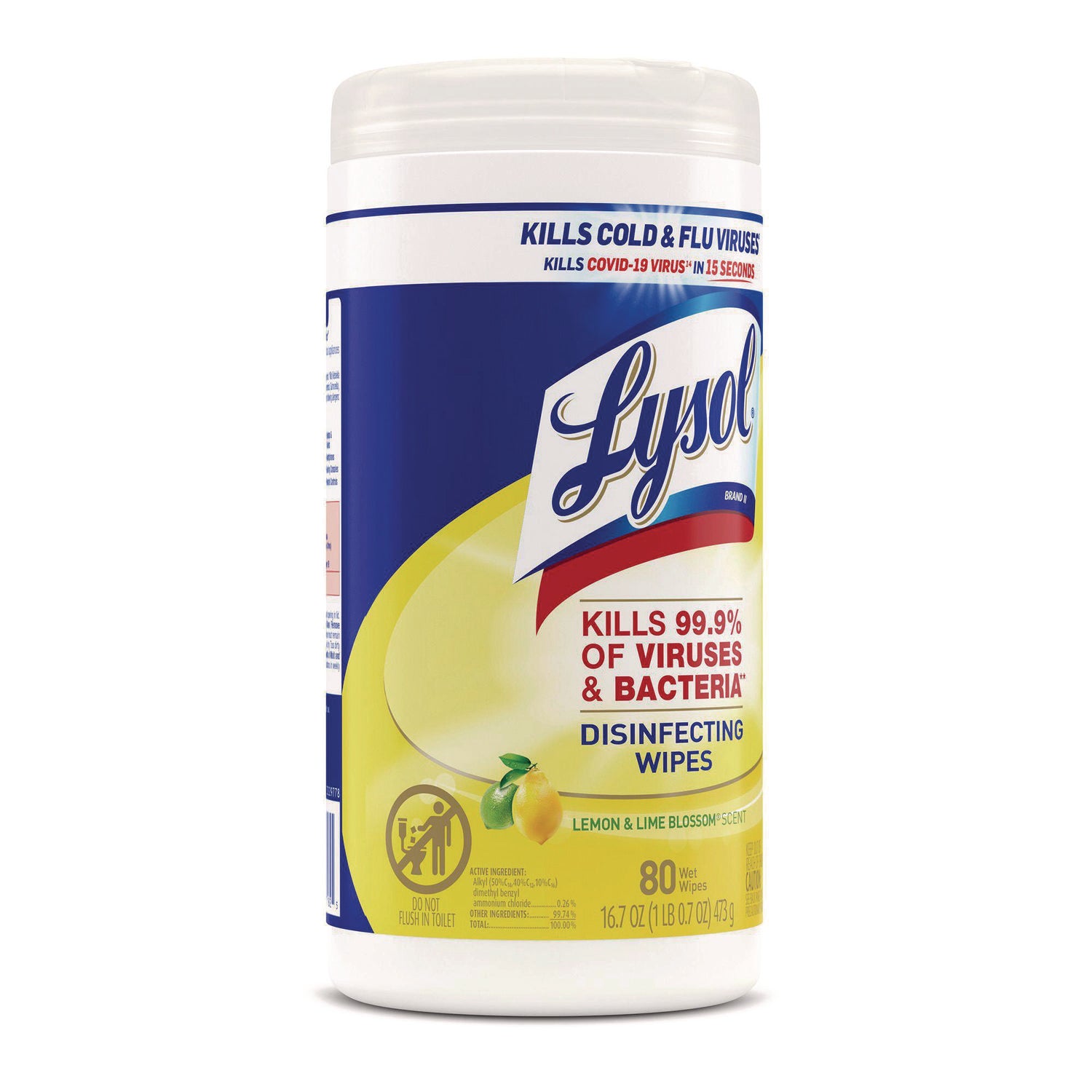 Lysol Disinfecting Wipes - Ready-To-Use - Lemon, Lime Blossom Scent - 7" Length x 7.25" Width - Bleach-free, Antibacterial, Disinfectant, Pre-moistened - White - 80/Tub - 6 / Carton
