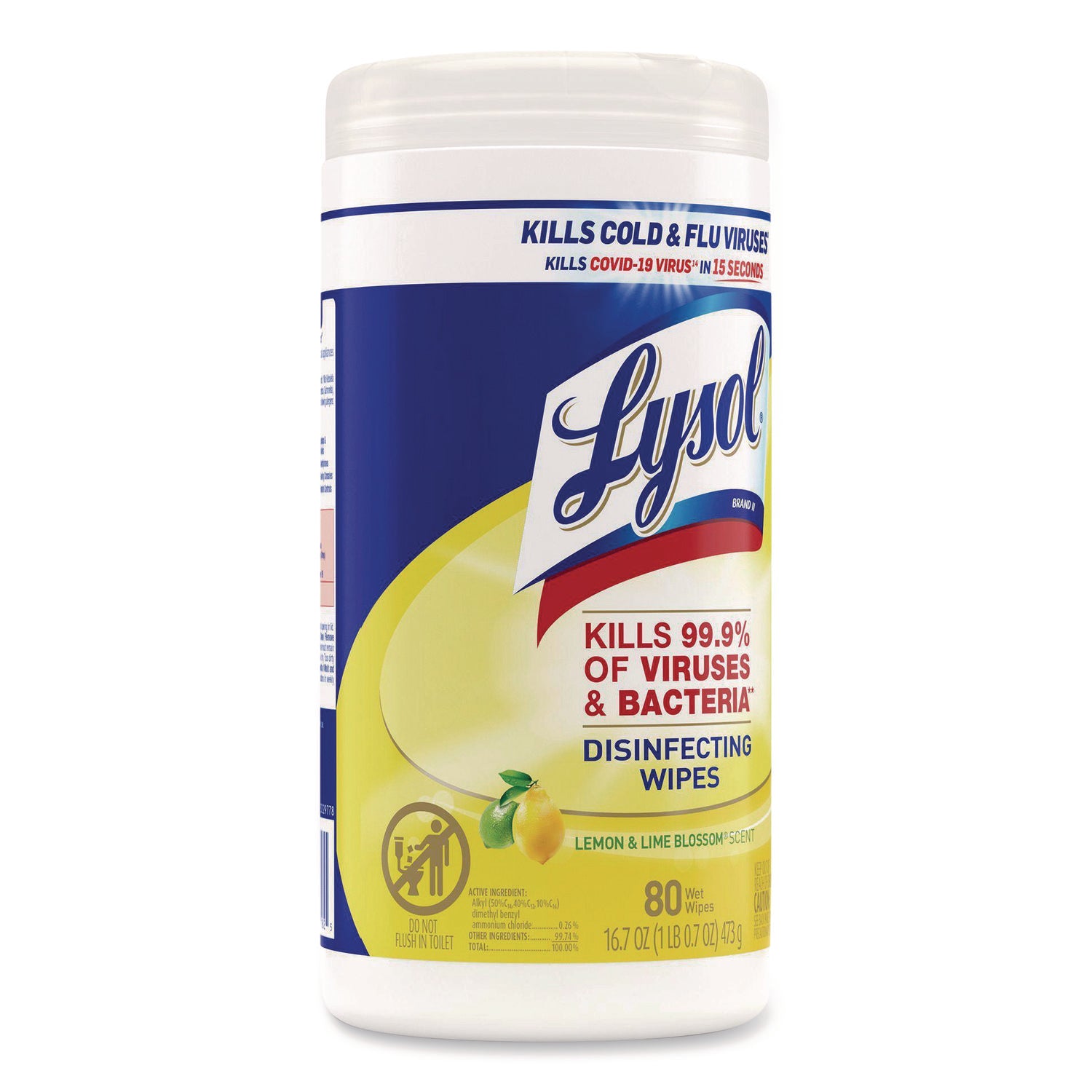 Disinfecting Wipes, 1-Ply, 7 x 7.25, Lemon and Lime Blossom, White, 80 Wipes/Canister