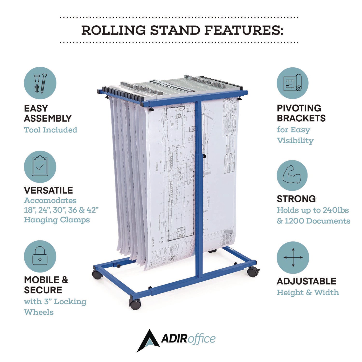 Blueprint Storage Cabinet Steel Vertical Plan Center, Assorted Document Sizes, 15" x 27" to 47.25" x 32.5" to 57", Blue