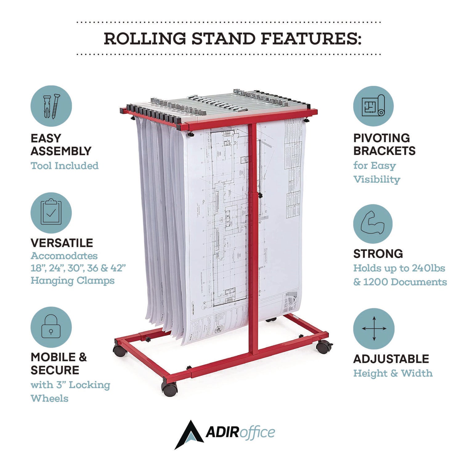 Blueprint Storage Cabinet Steel Vertical Plan Center, Assorted Document Sizes, 15" x 27" to 47.25" x 32.5" to 57", Red