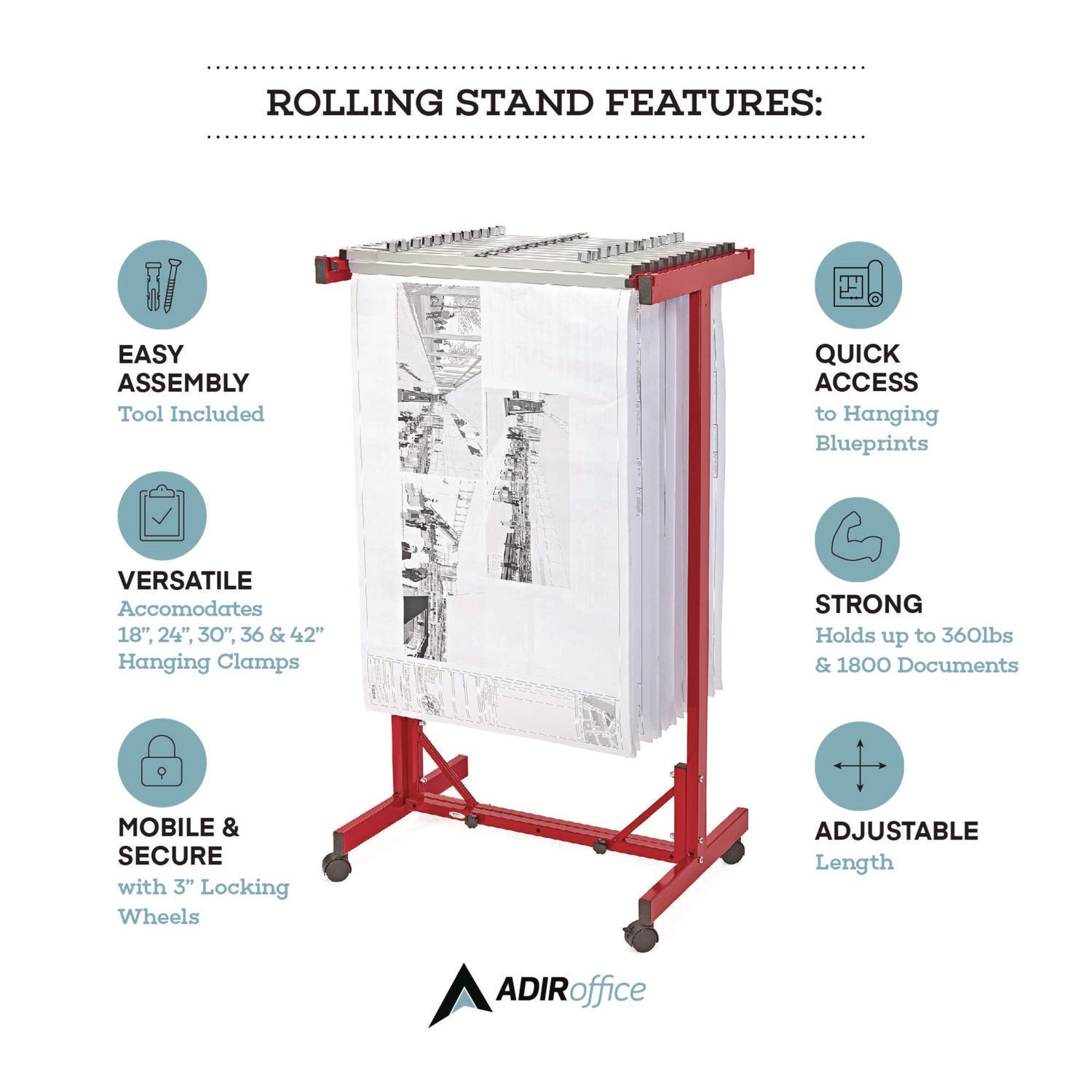 Expandable Blueprint Storage Cabinet Mobile Plan Center, Assorted Document Sizes, 20.5" x 28" to 46.5" x 50.75", Red