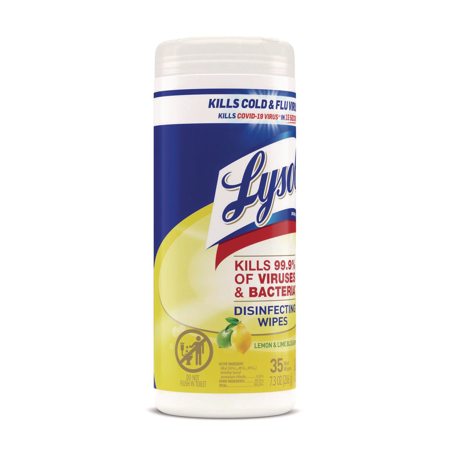 Lysol Lemon/Lime Disinfect Wipes - For Kitchen, Toilet, Sink, Tub, Floor, Cabinet, Stove Top, Wood - Lemon & Lime Blossom Scent - 7" Length x 7.25" Width - Pre-moistened, Anti-bacterial, Disinfectant - White - 35/Tub - 1 Each