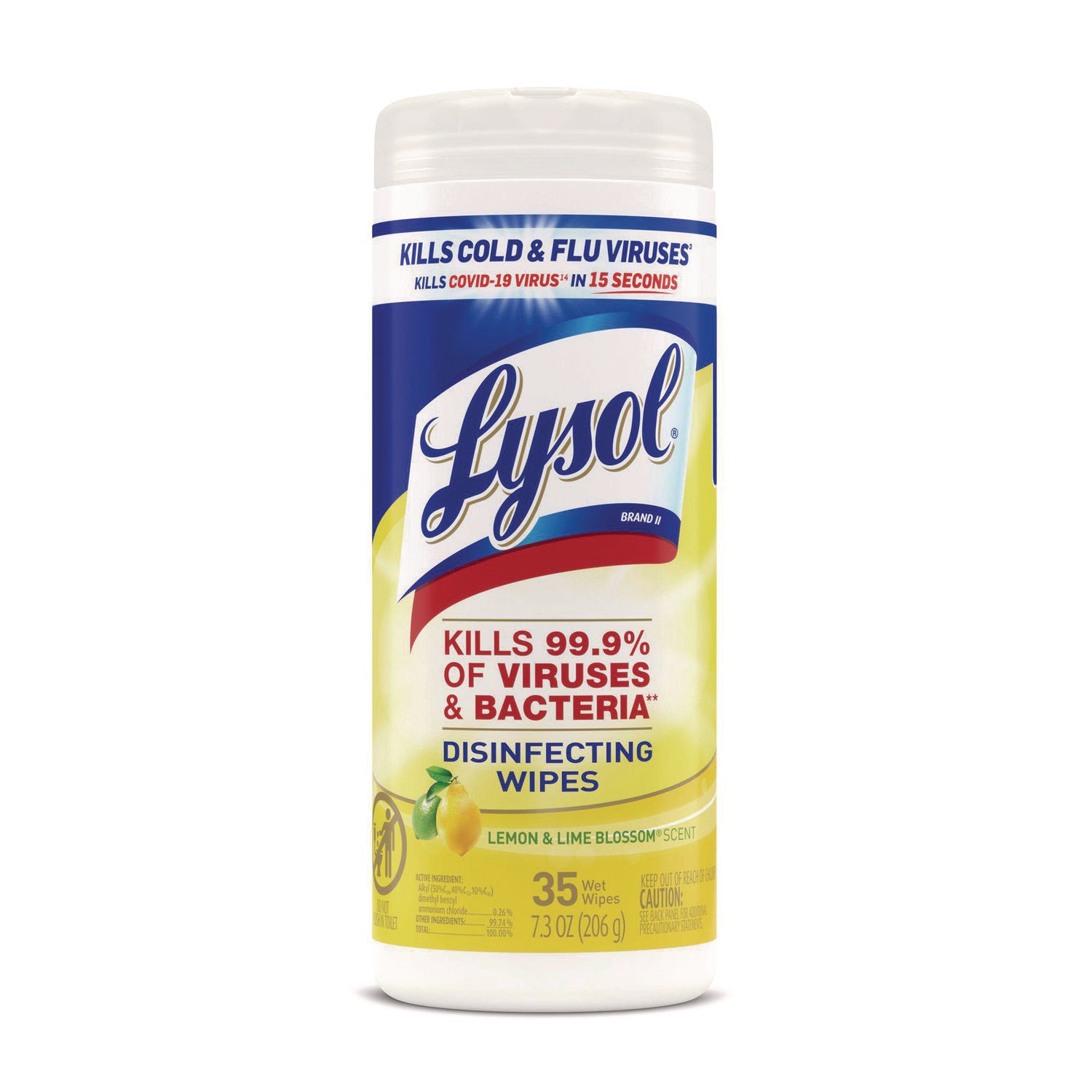 Lysol Lemon/Lime Disinfect Wipes - For Kitchen, Toilet, Sink, Tub, Floor, Cabinet, Stove Top, Wood - Lemon & Lime Blossom Scent - 7" Length x 7.25" Width - Pre-moistened, Anti-bacterial, Disinfectant - White - 35/Tub - 1 Each