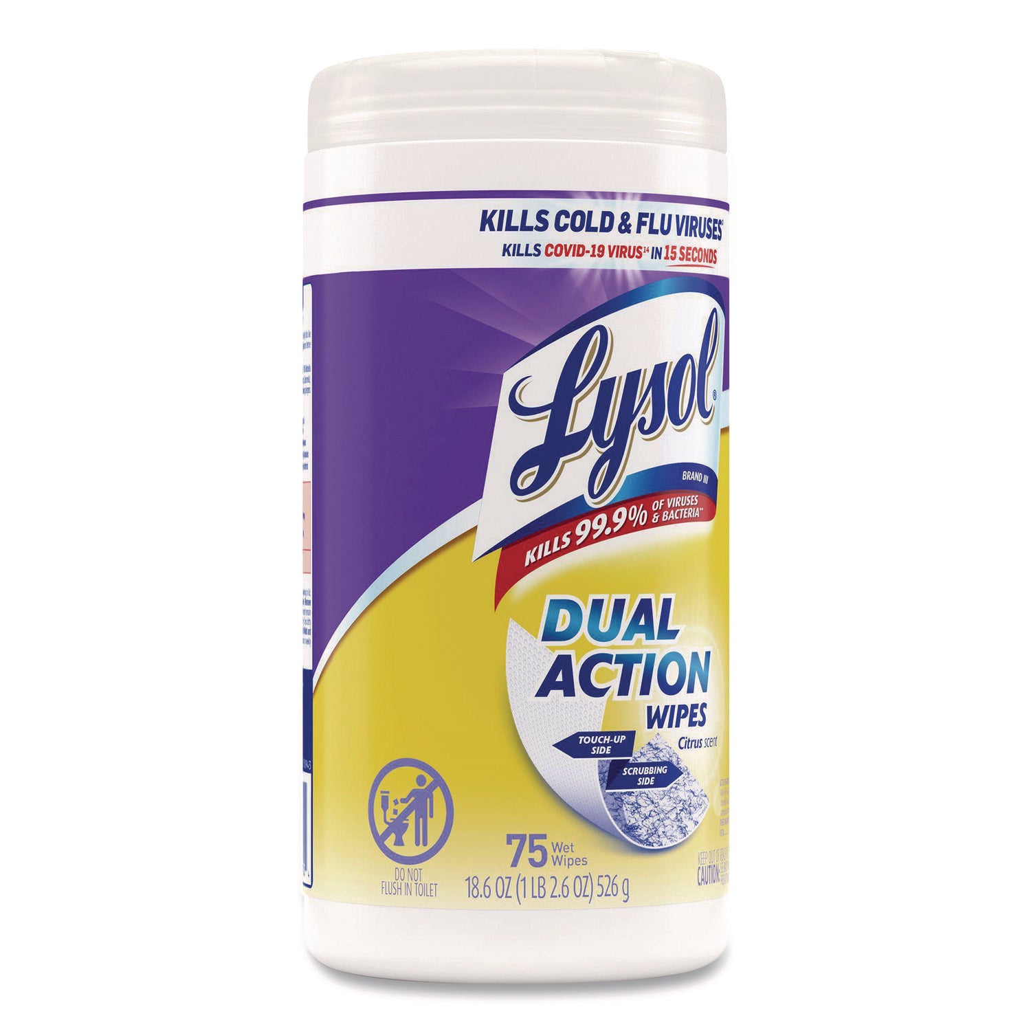 Lysol Dual Action Wipes, Citrus Scent, 7" x 7.25", Pre-moistened, Anti-bacterial, White/Purple, 75 Wipes per Tub, 1 Tub