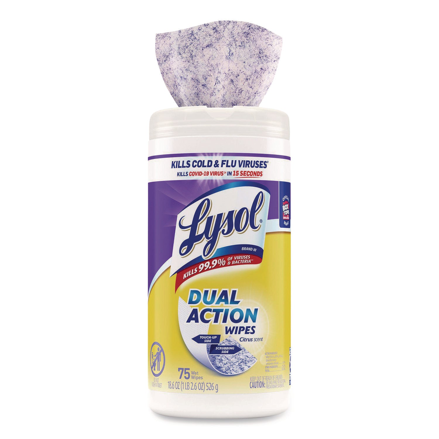 Lysol Dual Action Wipes, Citrus Scent, 7" x 7.25", Pre-moistened, Anti-bacterial, White/Purple, 75 Wipes per Tub, 1 Tub