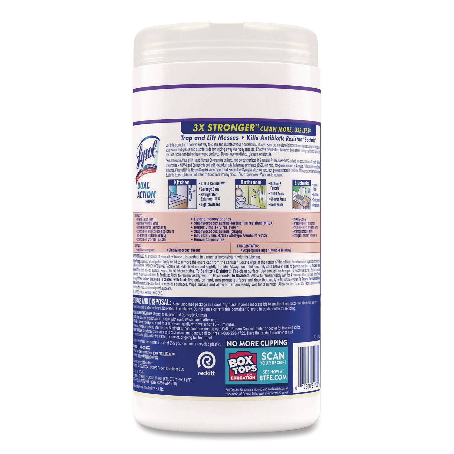 Lysol Dual Action Wipes, Citrus Scent, 7" x 7.25", Pre-moistened, Anti-bacterial, White/Purple, 75 Wipes per Tub, 1 Tub