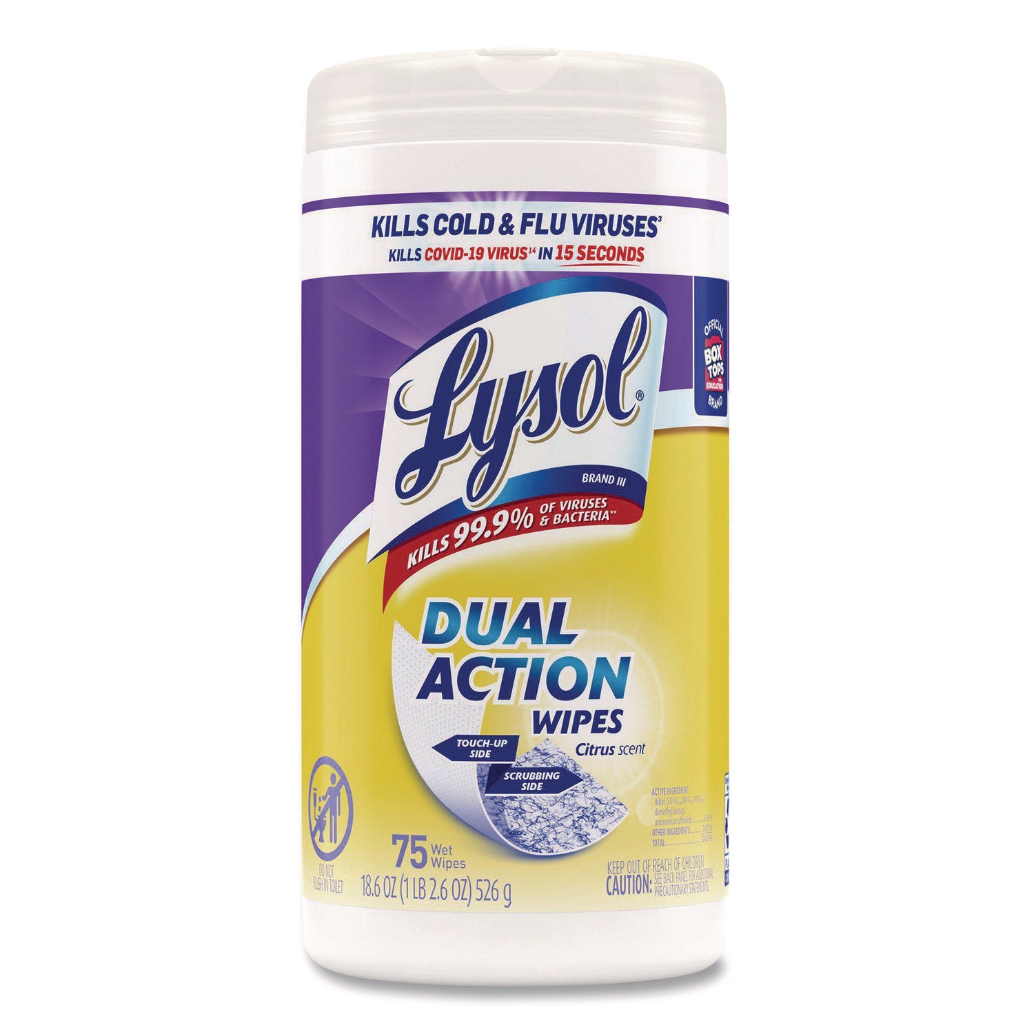 Lysol Dual Action Wipes, Citrus Scent, 7" x 7.25", Pre-moistened, Anti-bacterial, White/Purple, 75 Wipes per Tub, 1 Tub