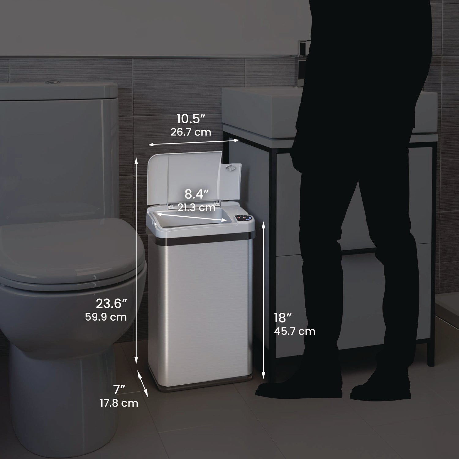 Rectangular Sensor Trash Can, 4 gal, Plastic/Stainless Steel, Silver